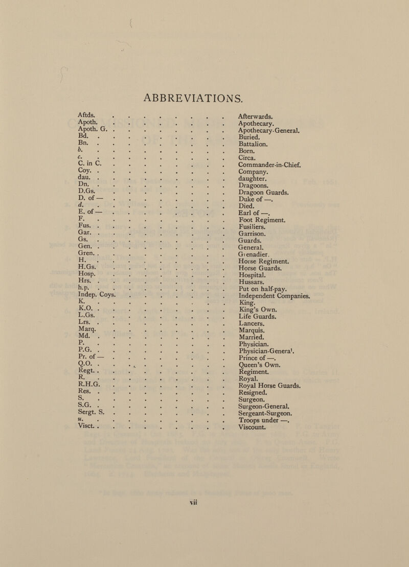 ABBREVIATIONS. Aftds. Afterwards. Apoth. Apothecary. Apoth. G Apothecary-General. Bd. ......... Buried. Bn Battalion. b Born. c Circa. C. in C Commander-in-Chief. Coy Company. dau daughter. Dn Dragoons. D.Gs . Dragoon Guards. D. of — Duke of —. d Died. E. of — Earl of —. F Foot Regiment. Fus Fusiliers. Gar. ......... Garrison. Gs. ......... Guards. Gen General. Gren. ......... Gienadier. H Horse Regiment. H.Gs. Horse Guards. Hosp. ........ Hospital. Hrs Hussars. h.p Put on half-pay. Indep. Coys Independent Companies. K. ........ King. K.O. ......... King's Own. L.Gs. Life Guards. Lrs Lancers. Marq. Marquis. Md Married. P Physician. P.G Physician-Genera 1 . Pr. of — Prince of —. Q.O. . . . t Queen's Own. Regt Regiment. R Royal. R.H.G Royal Horse Guards. Res Resigned. S Surgeon. S.G. ......... Surgeon-General. Sergt. S Sergeant-Surgeon. u Troops under —. Visct Viscount.