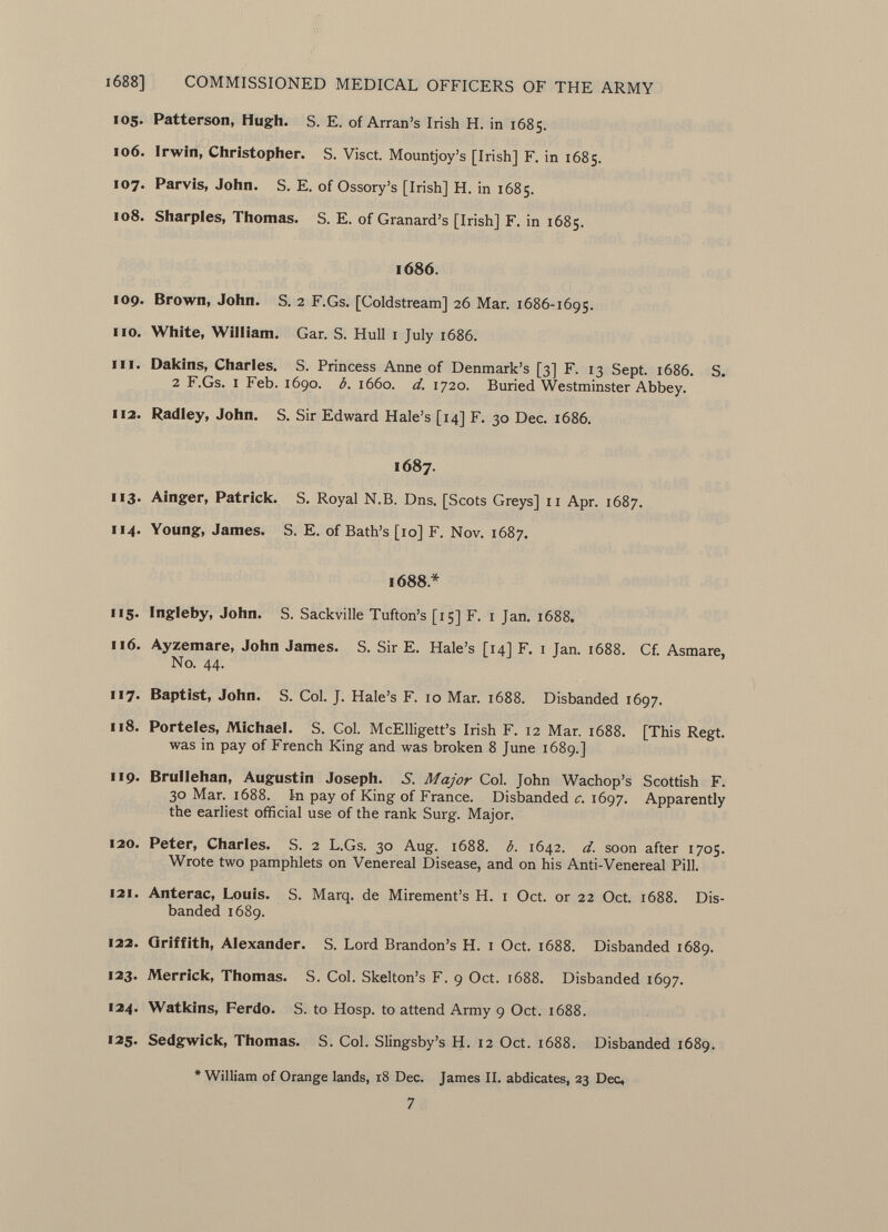 105. Patterson, Hugh. S. E. of Arran's Irish H. in 1685. 106. Irwin, Christopher. S. Visct. Mountjoy's [Irish] F. in 1685. 107. Parvis, John. S. E. of Ossory's [Irish] H. in 1685. 108. Sharpies, Thomas. S. E. of Granard's [Irish] F. in 1685. 1686. 109. Brown, John. S. 2 F.Gs. [Coldstream] 26 Mar. 1686-1695. 110. White, William. Gar. S. Hull 1 July 1686. in. Dakins, Charles. S. Princess Anne of Denmark's [3] F. 13 Sept. 1686. S. 2 F.Gs. I Feb. 1690. b. 1660. d. 1720. Buried Westminster Abbey. 112. Radley, John. S. Sir Edward Hale's [14] F. 30 Dec. 1686. 1687. 113. Ainger, Patrick. S. Royal N.B. Dns. [Scots Greys] 11 Apr. 1687. 114. Young, James. S. E. of Bath's [10] F. Nov. 1687. 1688* 115. Ingleby, John. S. Sackville Tufton's [15] F. 1 Jan. 1688. 116. Ayzemare, John James. S. Sir E. Hale's [14] F. 1 Jan. 1688. Cf. Asmare, No. 44. 117. Baptist, John. S. Col. J. Hale's F. 10 Mar. 1688. Disbanded 1697. 118. Porteles, Michael. S. Col. McElligett's Irish F. 12 Mar. 1688. [This Regt. was in pay of French King and was broken 8 June 1689.] 119. Brullehan, Augustin Joseph. S. Major Col. John Wachop's Scottish F. 30 Mar. 1688. In pay of King of France. Disbanded c. 1697. Apparently the earliest official use of the rank Surg. Major. 120. Peter, Charles. S. 2 L.Gs. 30 Aug. 1688. b. 1642. d. soon after 1705. Wrote two pamphlets on Venereal Disease, and on his Anti-Venereal Pill. 121. Anterac, Louis. S. Marq. de Mirement's H. 1 Oct. or 22 Oct. 1688. Dis banded 1689. 122. Griffith, Alexander. S. Lord Brandon's H. 1 Oct. 1688. Disbanded 1689. 123. Merrick, Thomas. S. Col. Skelton's F. 9 Oct. 1688. Disbanded 1697. 124. Watkins, Ferdo. S. to Hosp. to attend Army 9 Oct. 1688. 125. Sedgwick, Thomas. S. Col. Slingsby's H. 12 Oct. 1688. Disbanded 1689. * William of Orange lands, 18 Dec. James II. abdicates, 23 Dec, 7