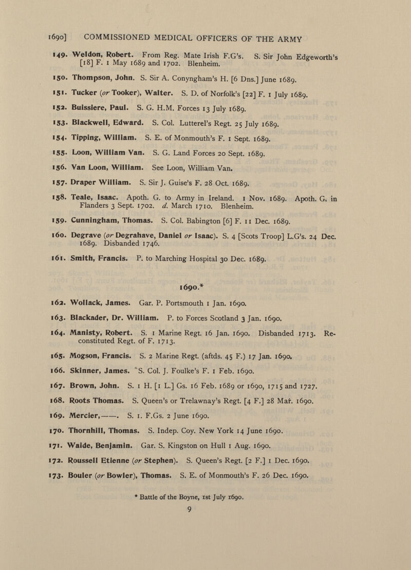 149. Weldon, Robert. From Reg. Mate Irish F.G's. S. Sir John Edgeworth's [18] F. i May 1689 and 1702. Blenheim. 150. Thompson, John. S. Sir A. Conyngham's H. [6 Dns.] June 1689. 151. Tucker (¿rTooker), Walter. S. D. of Norfolk's [22] F. 1 July 1689. 152. Buissiere, Paul. S. G. H.M. Forces 13 July 1689. 153. Blackwell, Edward. S. Col. Lutterel's Regt. 25 July 1689. 154. Tipping, William. S. E. of Monmouth's F. 1 Sept. 1689. 155. Loon, William Van. S. G. Land Forces 20 Sept. 1689. 156. Van Loon, William. See Loon, William Van. 157. Draper William. S. Sir J. Guise's F. 28 Oct. 1689. 158. Teale, Isaac. Apoth. G. to Army in Ireland. 1 Nov. 1689. Apoth. G, in Flanders 3 Sept. 1702. d. March 1710. Blenheim. 159. Cunningham, Thomas. S. Col. Babington [6] F. 11 Dec. 1689. 160. Degrave (or Degrahave, Daniel or Isaac). S. 4 [Scots Troop] L.G's. 24 Dec. 1689. Disbanded 1746. 161. Smith, Francis. P. to Marching Hospital 30 Dec. 1689. 1690* 162. WoIIack, James. Gar. P. Portsmouth 1 Jan. 1690. 163. Blackader, Dr. William. P. to Forces Scotland 3 Jan. 1690. 164. Manisty, Robert. S. 1 Marine Regt. 16 Jan. 1690. Disbanded 1713. Re constituted Regt, of F. 1713. 165. Mogson, Francis. S. 2 Marine Regt, (aftds. 45 F.) 17 Jan. 1690. 166. Skinner, James. S. Col. J. Foulke's F. 1 Feb. 1690. 167. Brown, John. S. 1 H. [1 L.] Gs. 16 Feb. 1689 or 1690, 1715 and 1727. 168. Roots Thomas. S. Queen's or Trelawnay's Regt. [4 F.] 28 Mah 1690. 169. Mercier, . S. 1. F.Gs. 2 June 1690. 170. Thornhill, Thomas. S. Indep. Coy. New York 14 June 1690. 171. Waide, Benjamin. Gar. S. Kingston on Hull 1 Aug. 1690. 172. Roussell Etienne (or Stephen). S. Queen's Regt. [2 F.] i Dec. 1690. 173. Bouler (or Bowler), Thomas. S. E. of Monmouth's F. 26 Dec. 1690. * Battle of the Boyne, ist July 1690. 9