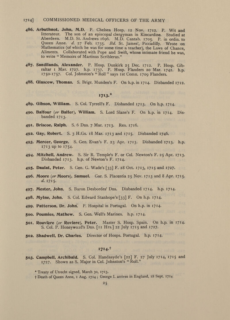 486. Arbuthnot, John, M.D. P. Chelsea Hosp. 12 Nov. 1712. P. Wit and litterateur. The son of an episcopal clergyman in Kincardine. Studied at Aberdeen. M.D. St. Andrews 1696. M.D. Cantab. 1705. P. in ordin. to Queen Anne. d. 27 Feb. 1735. Bd. St. James', Piccadilly. Wrote on Mathematics (of which he was for some time a teacher), the Laws of Chance, Aliments. Collaborated with Pope and Swift, whose intimate friend he was, to write  Memoirs of Martinus Scriblerus. 487. Sandilands, Alexander. P. Hosp. Dunkirk 25 Dec. 1712. P. Hosp. Gib raltar i Mar. 1727. h.p. 1737. P. Hosp. Flanders 20 Mar. 1742. h.p. 1750-1757. Col. Johnston's Roll says ist Comn. 1709 Flanders. 488. Qlascow, Thomas. S. Brigr. Munden's F. On h.p. in 1714. Disbanded 1712. 1713.* 489. Gibson, William. S. Col. Tyrrell's F. Disbanded 1713. On h.p. 1714. 490. Balfour [or Balfer), William. S. Lord Slane's F. On h.p. in 1714. Dis banded 1713. 491. Briscoe, Ralph. S. 6 Dns. 7 Mar. 1 713. Res. 1716. 492. Qay, Robert. S. 3 H.Gs. 18 Mar. 1713 and 1715. Disbanded 1746. 493. Mercer, George. S. Gen. Evan's F. 23 Apr. 1713. Disbanded 1713. h.p. 1713 up to 1754. 494. Mitchell, Andrew. S. Sir R. Temple's F. or Col. Newton's F. 25 Apr. 1713. Disbanded 1713. h.p. of Newton's F. 1714. 495. Daulat, Peter. S. Gen. G. Wade's [33] F. 28 Oct. 1713, 1715 and 1727. 496. Moore (or Moors), Samuel. Gar. S. Placentia 25 Nov. 1713 and 8 Apr. 1715. d. 1715- 497. Mester, John. S. Baron Desbordes' Dns. Disbanded 1714. h.p. 1714. 498. Mylne, John. S. Col. Edward Stanhope's [33] F. On h.p. 1714. 499. Patterson, Dr. John. P. Hospital in Portugal. On h.p. in 1714. 500. Poumies, Mathew. S. Gen. Well's Marines, h.p. 1714. 501. Rouvière ( or Roviere), Peter. Master S. Hosp. Spain. On h.p. in 1714. S. Col. P. Honeywood's Dns. [11 Hrs.] 22 July 1715 and 1727. 502. Shadwell, Dr. Charles. Director of Hosps. Portugal, h.p. 1714. 1714.+ 503. Campbell, Archibald. S. Col. Handasyde's [22] F. 27 July 1714, 1715 and 1727. Shown as S. Major in Col. Johnston's  Roll. * Treaty of Utrecht signed, March 30, 1713. t Death of Queen Anne, r Aug. 1714 ; George I. arrives in England, r8 Sept. 1714 25