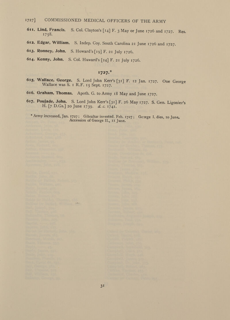 611. Lind, Francis. S. Col. Clayton's [14] F. 3 May or June 1726 and 1727. Res. 1758. 612. Edgar, William. S. Indep. Coy. South Carolina 21 June 1726 and 1727. 613. Ronney, John. S. Howard's [19] F. 21 July 1726. 614. Kenny, John. S. Col. Haward's [24] F. 21 July 1726. 1727.* 615. Wallace, George. S. Lord John Kerr's [31] F. 12 Jan. 1727. One George Wallace was S. 1 R.F. 15 Sept. 1727. 616. Graham, Thomas. Apoth. G. to Army 18 May and June 1727. 617. Poujade, John. S. Lord John Kerr's [31] F. 26 May 1727. S. Gen. Ligonier's H. [7 D.Gs.] 20 June 1739. d. c. 1741. * Army increased, Jan. 1727 ; Gibraltar invested. Feb. 1727 ; George I. dies, 10 June. Accession of George II., 11 June.