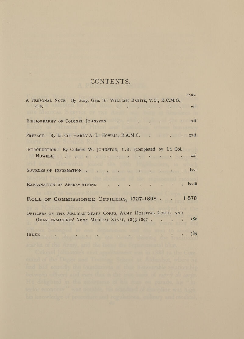 CONTENTS. page A P ersonal N ote . By Surg. Gen. Sir W illiam B astie, V.C., K.C.M.G., C.B. ............. vii B ibliography of C olonel J ohnston xii P reface . By Lt. Col. H arry A. L. H owell , R.A .M.C xvii I ntroduction . By Colonel W. J ohnston , C.B. (completed by Lt. Col. H owell ) xxi S ources of I nformation lxvi E xplanation of A bbreviations Ixviii R oll of C ommissioned O fficers , 1727-1898 . . 1-579 O fficers of the M edical 1 S taff C orps, A rmy H ospital C orps, and Q uartermasters' A rmy M edical S taff, 1855-1897 .... 5 80 I ndex 5 8 9