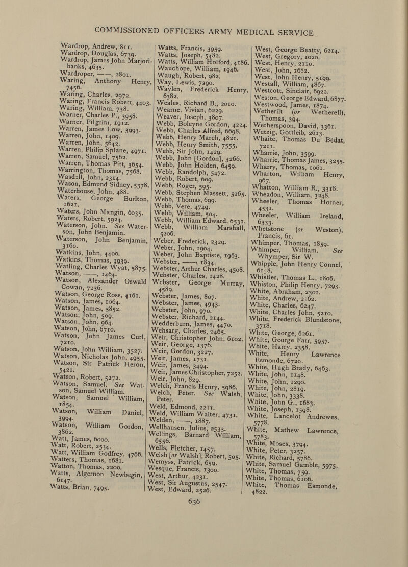 Wardrop, Andrew, 811. Wardrop, Douglas, 673g. Wardrop, James John Marjori- banks, 4635. Wardroper, , 2801. Waring, Anthony Henry, 7456. Waring, Charles, 2972. Waring, Francis Robert, 4403. Waring, William, 738. Warner, Charles P., 3958. Warner, Pilgrim, igi2. Warren, James Low, 3993. Warren, John, 1409. Warren, John, 5642. Warren, Philip Spiane, 4971. Warren, Samuel, 7562. Warren, Thomas Pitt, 3654. Warrington, Thomas, 7568. Wasdsll, John, 23x4. Wason, Edmund Sidney, 5378. Waterhouse, John, 488. Waters, George Burlton, 1621. Waters, John Mangin, 6035. Waters, Robert, 5924. Waterson, John. See Water- son, John Benjamin. Waterson, John Benjamin, 3160. Watkins, John, 4400. Watkins, Thomas, J939. Watling, Charles Wyat, 5875. Watson, , 1464. Watson, Alexander Oswald Cowan, 7236. Watson, George Ross, 4161. Watson, James, 1064. Watson, James, 5852. Watson, John, 509. Watson, John, 964. Watson, John, 6710. Watson, John James Curl, 7210. Watson, John William, 3527. Watson, Nicholas John, 4955. Watson, Sir Patrick Heron, 5421. Watson, Robert, 5272. Watson, Samuel. See Wat son, Samuel William. Watson, Samuel William, 1854. Watson, William Daniel, 3994- Watson, William Gordon, 3862. Watt, James, 6000. Watt, Robert, 25^4. Watt, William Godfrey, 4766. Watters, Thomas, 1681. Watton, Thomas, 2200. Watts, Algernon Newbegin, 6147. Watts, Brian, 7495. Watts, Francis, 3959. Watts, Joseph, 5482. Watts, William Holford, 4186. Wauchope, William, 1946. Waugh, Robert, 982. Way, Lewis, 7290. Waylen, Frederick Henry, 6382. Weales, Richard B., 2010. Wearne, Vivian, 6229. Weaver, Joseph, 3807. Webb, Boleyne Gordon, 4224. Webb, Charles Alfred, 6698. Webb, Henry March, 4821. Webb, Henry Smith, 7555. Webb, Sir John, 1429. Webb, John [Gordon], 3266. Webb, John Holden, 6459. Webb, Randolph, 5472. Webb, Robert, 609. Webb, Roger, 595. Webb, Stephen Massett, 5265. Webb, Thomas, 699. Webb, Vere, 4749. Webb, William, 504. Webb, William Edward, 6531. Webb, William Marshall, 5206. Weber, Frederick, 2329. Weber, John, 1904. Weber, John Baptiste, 1963. Webster, », 1834. Webster, Arthur Charles, 4508. Webster, Charles, 1428. Webster, George Murray, 4589- Webster, James, 807. Webster, James, 4943. Webster, John, 970. Webster, Richard, 2144. Wedderburn, James, 4470. Wehsarg, Charles, 2465. Weir, Christopher John, 6102. Weir, George, 1376. Weir, Gordon, 3227. Weir, James, 1731. Weir, James, 3494. Weir, James Christopher, 7252. Weir, John, 829. Welch, Francis Henry, 5g86. Welch, Peter. See Walsh, Peter. Weld, Edmond, 22ri. Weld, William Walter, 4731. Weiden, , 1887. Wellhausen. Julius, 2533. Wellings, Barnard William, 6556. Wells, Fletcher, 1457. Welsh [or Walsh], Robert, 505. Wemyss, Patrick, 659. Wesque, Francis, 1300. West, Arthur, 4231. West, Sir Augustus, 2547. West, Edward, 2526. West, George Beatty, 6214. West, Gregory, 1020. West, Henry, 2110. West, John, 1682. West, John Henry, 5199. Westall, William, 4867. Westcott, Sinclair, 6922. Weston, George Edward, 6877. Westwood, James, 1874. Wetherilt (or Wetherell), Thomas, 394. Wetherspoon, David, 3361. Wetzig, Gottleib, 2613. Whaite, Thomas Du Bédat, 7211. Wharrie, John, 3599. Wharrie, Thomas James, 3255. Wharry, Thomas, 1061. Wharton, William Henry, 967. Whatton, William R., 3318. Wheadon, William, 3248. Wheeler, Thomas Horner, 4531- Wheeler, William Ireland, 6333- Whetstone (or Weston), Francis, 61. Whimper, Thomas, 1859. Whimper, William. See Whymper, Sir W. Whipple, John Henry Connel, 6i;8. Whistler, Thomas L., 1806. Whiston, Philip Henry, 7293. White, Abraham, 2301. White, Andrew, 2262. White, Charles, 6247. White, Charles John, 5210. White, Frederick Blundstone, 37i8- White, George, 6261. White, George Farr, 5957. White, Harry, 2358. White, Henry Lawrence Esmonde, 6720. White, Hugh Brady, 6463. White, John, 1148. White, John, 1290. White, John, 2819. White, John, 3338. White, John G., 1683. White, Joseph, 1598. White, Lancelot Andrewes, 5778. White, Mathew Lawrence, 5783- White, Moses, 3794. White, Peter, 3257. White, Richard, 5786. White, Samuel Gamble, 5975. White, Thomas, 759. White, Thomas, 6106. White, Thomas Esmonde, 4822.