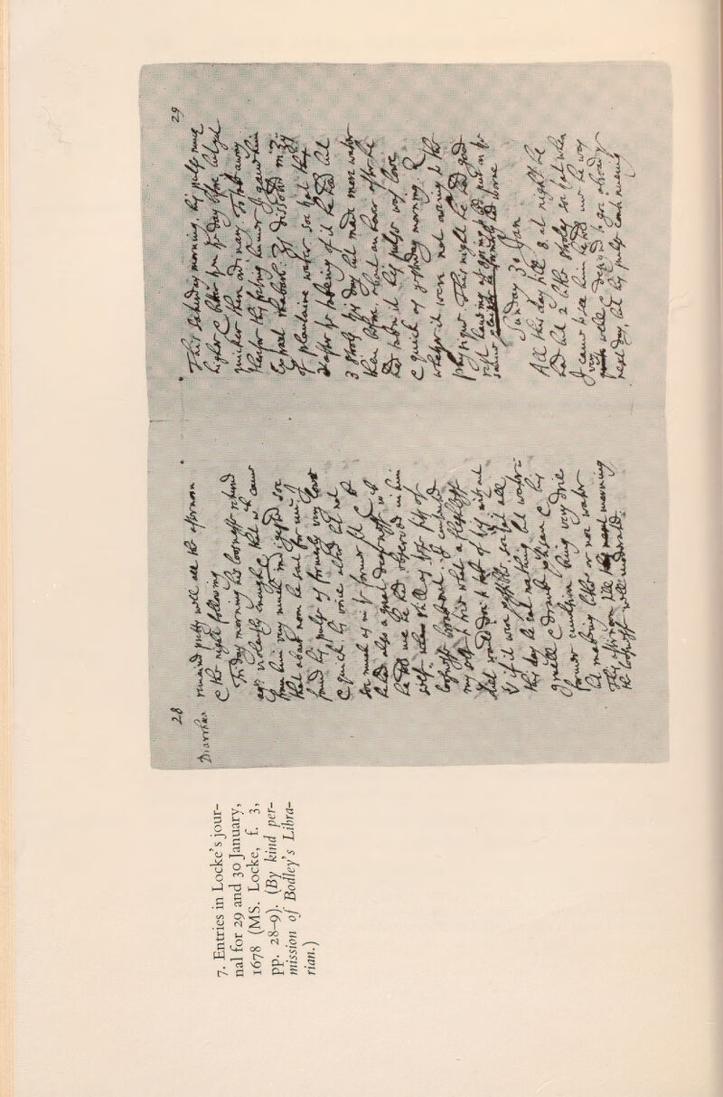 7- Entries in Locke's jour nal for 29 and 30 January, 1678 (MS. Locke, f. 3, pp. 28-9). (By kind per mission of Bodley's Libra rian.) Zt Urrà, if 1 ? ìAré+^fy  a ^* J ~ %~£~ ip-r /s*~ ¡¿¡¡iL- +JjaJp. Mrrv. ¿i- /fS~ ïA-vï. d P 0 %.rjr iff ¿-ih? iU- *¿2 ^ w \r f***'f^~C, ^ BSñ ^v£-rL&^faÜ'b ÄrÄ:^- ■&&&3sAr* zs fU * K¿ f_ r C^tryc^ßi^- j,^- Jp'^f i^ft % &¿jííC~ t/¿T- /£^v c ÍK t<-0jJ <JÏ~f,Ji~a. w»y í-tZíür- té, fy*d mly *f K^frv Jti i^L- /£+- !y fd¡k¿y <if.lL A*%íS £-L 3 fártf ¿y 9>-f »«St «im u*J¡r~ !&*. 0fL<-, r&Jr • ítw g&jOtr - ¿8h ¿¿ £ f<UL^£ „ ^ir ¿^*c. IS&Áfr iL tstcyy f^L njl yï~f / .1 /1,. <- %u A- * Á. +.. .. ^ L /2& *aX- £*\ ij>y- c~ ß<~ % % j2^y ?« $*.*. /¡JL H& l'áL $. a -L *Àf0 ¿fl- bséh.. ^ .■¿í' ix/sy fllp^ trd^Ç^^ 'f »* ^£ í J^Sh«/ ( (¿X- &y ¡K-fyr- C**J\ tu¿-M**~f ¿£y¿Zt % ¿?j& y- CJL^T l>¿4L a^, %3*
