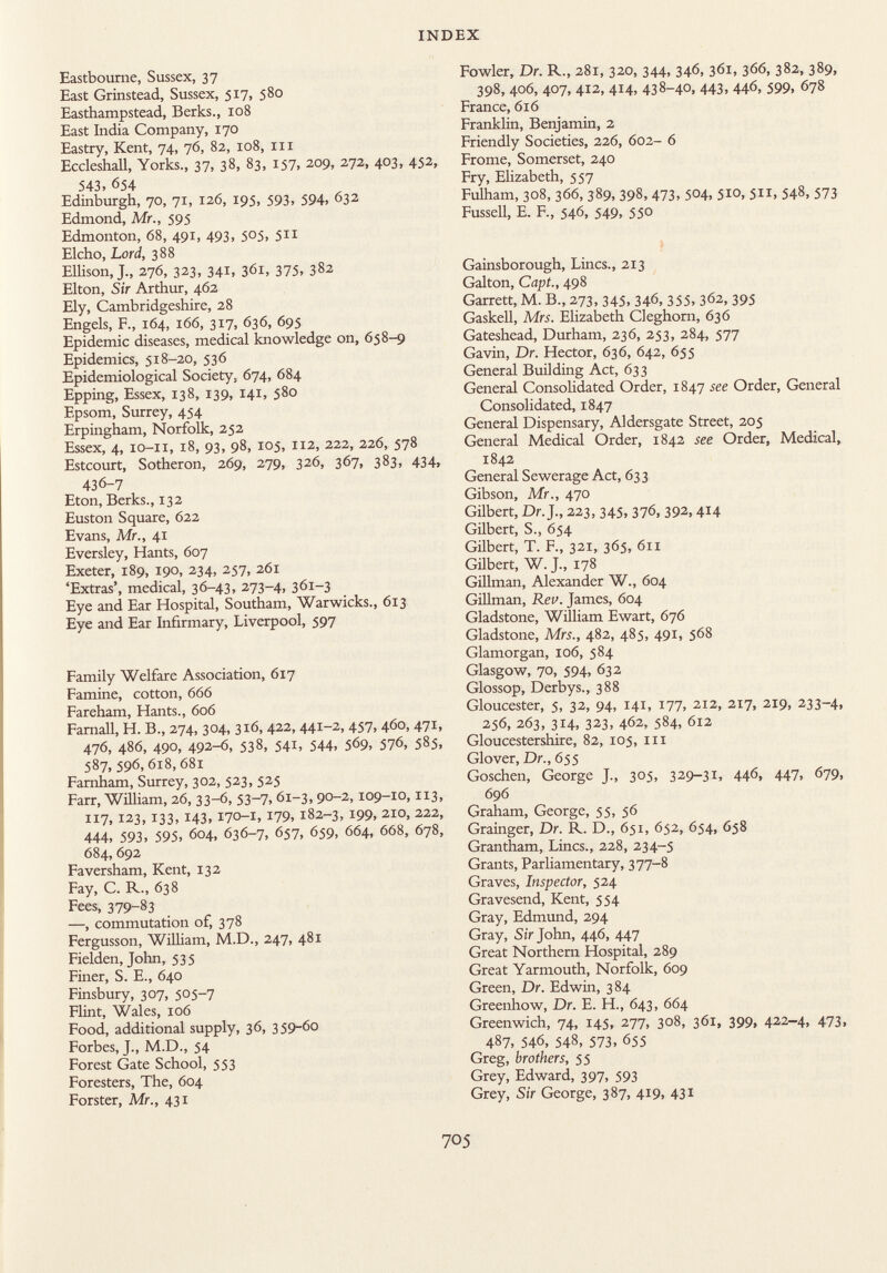 Eastbourne, Sussex, 37 East Grinstead, Sussex, 517, 580 Easthampstead, Berks., 108 East India Company, 170 Eastry, Kent, 74, 76, 82, 108, 11 x Eccleshall, Yorks., 37, 38, 83, 157, 209, 272, 403, 452, 543, 654 Edinburgh, 70, 71, 126, 195, 593, 594, 632 Edmond, Mr., 595 Edmonton, 68, 491, 493, 505, 511 Elcho, Lord, 388 Ellison, J., 276, 323, 341, 361, 375, 382 Elton, Sir Arthur, 462 Ely, Cambridgeshire, 28 Engels, F., 164, 166, 317, 636, 695 Epidemic diseases, medical knowledge on, 658-9 Epidemics, 518-20, 536 Epidemiological Society, 674, 684 Epping, Essex, 138, 139, 141, 580 Epsom, Surrey, 454 Erpingham, Norfolk, 252 Essex, 4, 10-11, 18, 93, 98, 105, 112, 222, 226, 578 Estcourt, Sotheron, 269, 279, 326, 367, 383, 434, 436-7 Eton, Berks., 132 Euston Square, 622 Evans, Mr., 41 Eversley, Hants, 607 Exeter, 189, 190, 234, 257, 261 'Extras', medical, 36-43, 273-4, 361-3 Eye and Ear Hospital, Southam, Warwicks., 613 Eye and Ear Infirmary, Liverpool, 597 Family Welfare Association, 6x7 Famine, cotton, 666 Fareham, Hants., 606 Farnall, H. B., 274, 304, 3x6, 422, 441-2, 457, 460, 471, 476, 486, 490, 492-6, 538, 541, 544, 569, 576, 585, 587, 596,6 i 8, 681 Farnham, Surrey, 302, 523, 525 Farr, William, 26, 33-6, 53-7, 61-3, 9°-2,109-10,113, 117, 123, 133, 143, 170-1, 179, 182-3, 199, 210, 222, 444, 593, 595, 604, 636-7, 657, 659, 664, 668, 678, 684, 692 Faversham, Kent, 132 Fay, C. R., 638 Fees, 379-83 —, commutation of, 378 Fergusson, William, M.D., 247, 481 Fielden, John, 535 Finer, S. E., 640 Finsbury, 307, 505-7 Flint, Wales, 106 Food, additional supply, 36, 359-60 Forbes, J., M.D., 54 Forest Gate School, 553 Foresters, The, 604 Forster, Mr., 431 Fowler, Dr. R., 281, 320, 344, 346, 361, 366, 382, 389, 398, 406, 407, 412, 414, 438-40, 443, 446, 599, 678 France, 616 Franklin, Benjamin, 2 Friendly Societies, 226, 602- 6 Frome, Somerset, 240 Fry, Elizabeth, 557 Fulham, 308, 366, 389, 398, 473, 504, 510, 511, 548, 573 Fussell, E. F., 546, 549, 550 Gainsborough, Lines., 213 Galton, Cap t., 498 Garrett, M. B„ 273, 345, 346, 355, 362, 395 Gaskell, Mrs. Elizabeth Cleghorn, 636 Gateshead, Durham, 236, 253, 284, 577 Gavin, Dr. Hector, 636, 642, 655 General Building Act, 633 General Consolidated Order, 1847 see Order, General Consolidated, 1847 General Dispensary, Aldersgate Street, 205 General Medical Order, 1842 see Order, Medical, 1842 General Sewerage Act, 633 Gibson, Mr., 470 Gilbert, Dr. J., 223, 345, 376, 392,414 Gilbert, S., 654 Gilbert, T. F., 321, 365, 611 Gilbert, W. J., 178 Gillman, Alexander W., 604 Gillman, Rev. James, 604 Gladstone, William Ewart, 676 Gladstone, Mrs., 482, 485, 491, 568 Glamorgan, 106, 584 Glasgow, 70, 594, 632 Glossop, Derbys., 388 Gloucester, 5, 32, 94, 141, 177, 212, 217, 219, 233-4, 256, 263, 314, 323, 462, 584, 612 Gloucestershire, 82, 105, hi Glover, Dr., 655 Goschen, George J., 305, 329-31, 446, 447, 679, 696 Graham, George, 55, 56 Grainger, Dr. R. D., 651, 652, 654, 658 Grantham, Lines., 228, 234-5 Grants, Parliamentary, 377-8 Graves, Inspector, 524 Gravesend, Kent, 554 Gray, Edmund, 294 Gray, Sir John, 446, 447 Great Northern Hospital, 289 Great Yarmouth, Norfolk, 609 Green, Dr. Edwin, 384 Greenhow, Dr. E. H., 643, 664 Greenwich, 74, 145, 277, 308, 361, 399, 422-4, 473, 487, 546, 548, 573, 655 Greg, brothers, 55 Grey, Edward, 397, 593 Grey, Sir George, 387, 419, 431