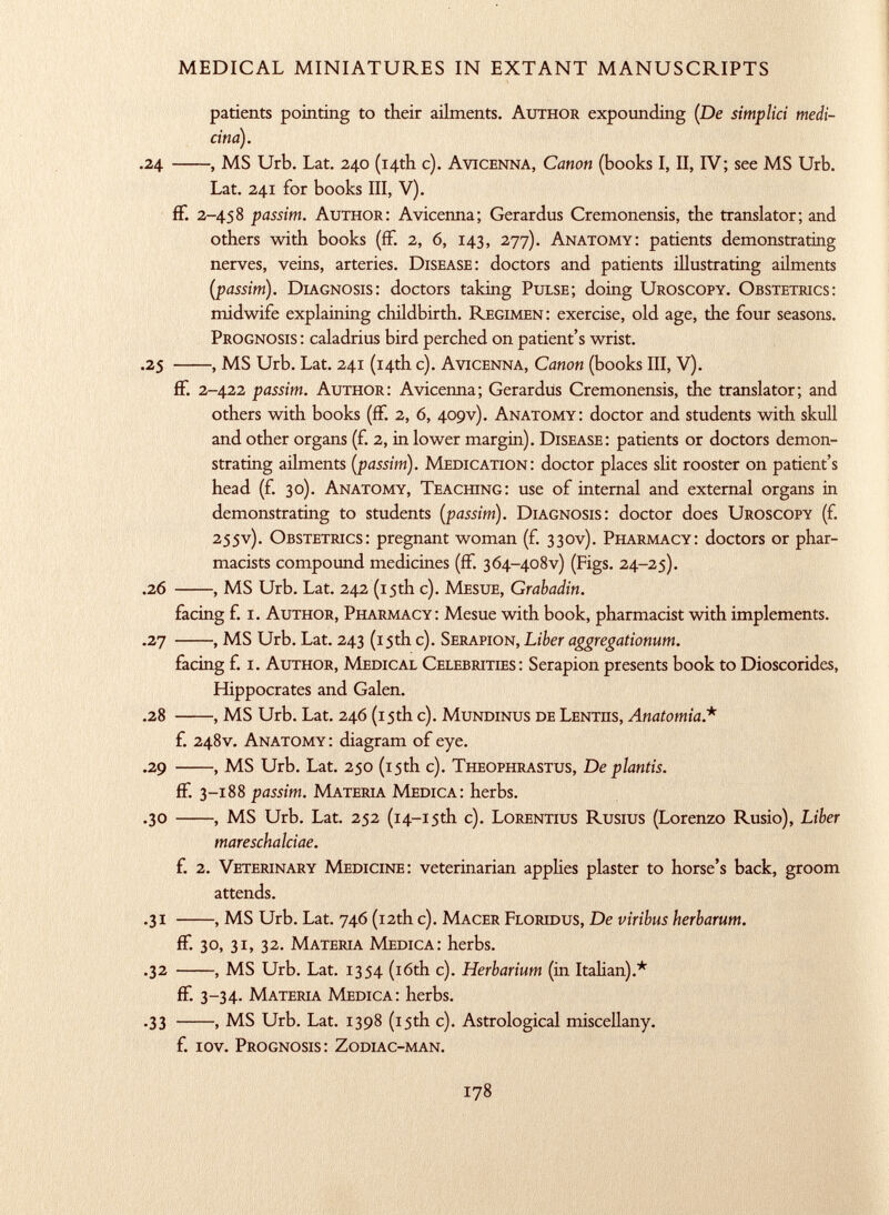 patients pointing to their ailments. A uthor expounding (De simplici medi cina). .24 , MS Urb. Lat. 240 (14th c). A vicenna, Canon (books I, II, IV; see MS Urb. Lat. 241 for books III, V). fF. 2-458 passim. A uthor : Avicenna; Gerardus Cremonensis, the translator; and others with books (fF. 2, 6, 143, 277). A natomy : patients demonstrating nerves, veins, arteries. D isease : doctors and patients illustrating ailments (passim). D iagnosis : doctors taking P ulse ; doing U roscopy. O bstetrics: midwife explaining childbirth. R egimen : exercise, old age, the four seasons. P rognosis : caladrius bird perched on patient's wrist. .25 , MS Urb. Lat. 241 (14th c). A vicenna, Canon (books III, V). fF. 2-422 passim. A uthor : Avicenna; Gerardüs Cremonensis, the translator; and others with books (fF. 2, 6, 409V). A natomy : doctor and students with skull and other organs (f. 2, in lower margin). D isease : patients or doctors demon strating ailments (passim). M edication : doctor places slit rooster on patient's head (f. 30). A natomy, T eaching : use of internal and external organs in demonstrating to students (passim). D iagnosis : doctor does U roscopy (f. 255V). O bstetrics : pregnant woman (f. 330V). P harmacy : doctors or phar macists compound medicines (fF. 3 64-408 v) (Figs. 24-25). .26 , MS Urb. Lat. 242 (15th c). M esue, Grahadin. facing f. i. A uthor, P harmacy : Mesue with book, pharmacist with implements. .27 , MS Urb. Lat. 243 (15th c). S erapion, Liber aggregationum. facing f. i. A uthor, M edical C elebrities : Serapion presents book to Dioscorides, Hippocrates and Galen. .28 , MS Urb. Lat. 246 (15th c). M undinus de L entos, Anatomia.* f. 248 V. A natomy : diagram of eye. .29 , MS Urb. Lat. 250 (15th c). T heophrastus, De plantis. fF. 3-188 passim. M ateria M edica : herbs. .30 , MS Urb. Lat. 252 (i4-i5th c). L orentius R usius (Lorenzo Rusio), Liber mareschalciae. f. 2. V eterinary M edicine : veterinarian applies plaster to horse's back, groom attends. .31 , MS Urb. Lat. 746 (12th c). M acer F loridus, De viribus herbarum. ff- 30, 31, 32. M ateria M edica : herbs. .32 , MS Urb. Lat. 1354 (16th c). Herbarium (in Italian).* fF. 3-34. M ateria M edica : herbs. .33 , MS Urb. Lat. 1398 (15th c). Astrological miscellany. F. iov. P rognosis: Z odiac-man.