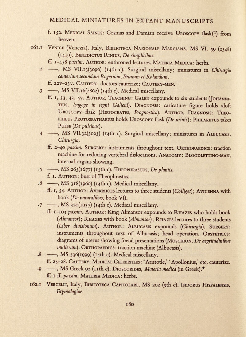 f. 152. M edical S aints: Cosmas and Damian receive U roscopy flask(?) from heaven. 161. i V enice (Venezia), Italy, B iblioteca N azionale M arciana, MS VI. 59 (2548) (1419). B enedictos R inius, De simplicibus. ff. 1-458 passim. A uthor: enthroned lectures. M ateria M edica : herbs. .2 , MS VII.i3(309o) (14th c). Surgical miscellany; miniatures in Chirurgia cauterium secundum Rogerium, Brunum et Rolandum. ff. 22V -23v. C autery: doctors cauterize; C autery-men. •3 , MS VII .i 6(2862) (14th c). Medical miscellany. fF. i, 33, 43, 57. A uthor, T eaching: G alen expounds to six students ( J ohanni- tius, Isagoge in tegni Galieni). D iagnosis : caricature figure holds aloft U roscopy flask ( H ippocrates, Prognostica). A uthor, D iagnosis: T heo- philus P rotospatharius holds U roscopy flask (De urinis ) ; P hilaretus takes P ulse (De pulsibus). •4 , MS V11 .32(3023) (14th c). Surgical miscellany; miniatures in A lbucasis, Chirurgia. ff. 2-40 passim. S urgery: instruments throughout text. O rthopaedics: traction machine for reducing vertebral dislocations. A natomy : B loodletting-man, internal organs showing. •5 , MS 265(1677) (15th c). T heophrastus, De plantis. f. i. A uthor: bust of Theophrastus. .6 , MS 318(1960) (14th c). Medical miscellany. ff. i, 54. A uthor: A verrhoes lectures to three students ( Colliget ); A vicenna with book (De naturalihus, book VI). .7 , MS 320(1937) (14th c). Medical miscellany. ff. 1 -103 passim. A uthor : King Almansor expounds to R hazes who holds book (Almansor) ; R hazes with book ( Almansor ) ; R hazes lectures to three students (Liber divisionum). A uthor: A lbucasis expounds ( Chirurgia ). S urgery: instruments throughout text of Albucasis; head operation. O bstetrics: diagrams of uterus showing foetal presentations (M oschion, De aegritudinibus mulierum). O rthopaedics: traction machine (Albucasis). .8 , MS 536(1999) (14th c). Medical miscellany. ff. 25-28. C autery, M edical C elebrities: 'Aristotle,' 'Apollonius,' etc. cauterize. .9 , MS Greek 92 (nth c). D ioscorides, Materia medica (in Greek).* ff. i ff. passim. M ateria M edica : herbs. 162.1 V ercelli, Italy, B iblioteca C apitolare, MS 202 (9th c). I sidorus H ispalensis, Etymoiogiae.