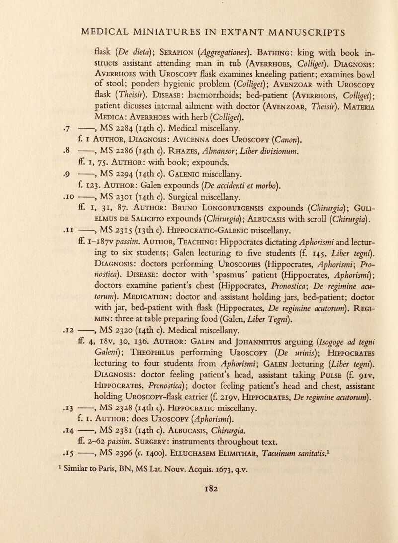 flask (De dieta)-, S erapion ( Aggregationes). B athing: king with book in structs assistant attending man in tub (A verrhoes, Colliget). D iagnosis: A verrhoes with U roscopy flask examines kneeling patient; examines bowl of stool; ponders hygienic problem (Colliget); A venzoar with U roscopy flask (Thcisir). D isease: haemorrhoids; bed-patient (A verrhoes, Colliget)-, patient dicusses internal ailment with doctor (A venzoar, Theisir). M ateria M edica: A verrhoes with herb (Colliget). .7 , MS 2284 (14th c). Medical miscellany. £ i A uthor, D iagnosis: A vicenna does U roscopy (Canon). .8 , MS 2286 (14th c). R hazes, Almansor; Liber divisionum. ff. I, 75. A uthor: with book; expounds. .9 , MS 2294 (14th c). G alenic miscellany. £ 123. A uthor: Galen expounds (De accidenti et morbo). .10 , MS 2301 (14th c). Surgical miscellany. ff. i, 31, 87. A uthor: B runo L ongoburgensis expounds ( Chirurgia ); G uli- elmus de S aliceto expounds ( Chirurgia ); A lbucasis with scroll (Chirurgia). .11 , MS 2315 (13th c). H ippocratic- G alenic miscellany. ff. 1-1S7Vpassim. A uthor, T eaching: Hippocrates dictating Aphorismi and lectur ing to six students; Galen lecturing to five students (f. 145, Liber tegni). D iagnosis: doctors performing U roscopees (Hippocrates, Aphorismi-, Pro nostica). D isease: doctor with 'spasmus' patient (Hippocrates, Aphorismi)-, doctors examine patient's chest (Hippocrates, Pronostica-, De regimine acu- torum). M edication: doctor and assistant holding jars, bed-patient; doctor with jar, bed-patient with flask (Hippocrates, De regimine acutorum). R egi men: three at table preparing food (Galen, Liber Tegni). .12 , MS 2320 (14th c). Medical miscellany. ff. 4, i8v, 30, 136. A uthor: G alen and J ohannitius arguing (Isogoge ad tegni Galeni); T heophilus performing U roscopy (De urinis)-, H ippocrates lecturing to four students from Aphorismi ; G alen lecturing (Liber tegni). D iagnosis: doctor feeling patient's head, assistant taking P ulse (f. 91V, H ippocrates, Pronostica); doctor feeling patient's head and chest, assistant holding uroscopy -flask carrier (f. 219V, H ippocrates, De regimine acutorum). .13 , MS 2328 (14th c). H ippocratic miscellany. f. i. A uthor: does U roscopy (Aphorismi). .14 , MS 2381 (14th c). A lbucasis, Chirurgia. ff. 2-62 passim. S urgery : instruments throughout text. .15 , MS 2396 (c. 1400). E lluchasem E limithar, Tacuinum sanitatis. 1 1 Similar to Paris, BN, MS Lat. Nouv. Acquis. 1673, q.v.