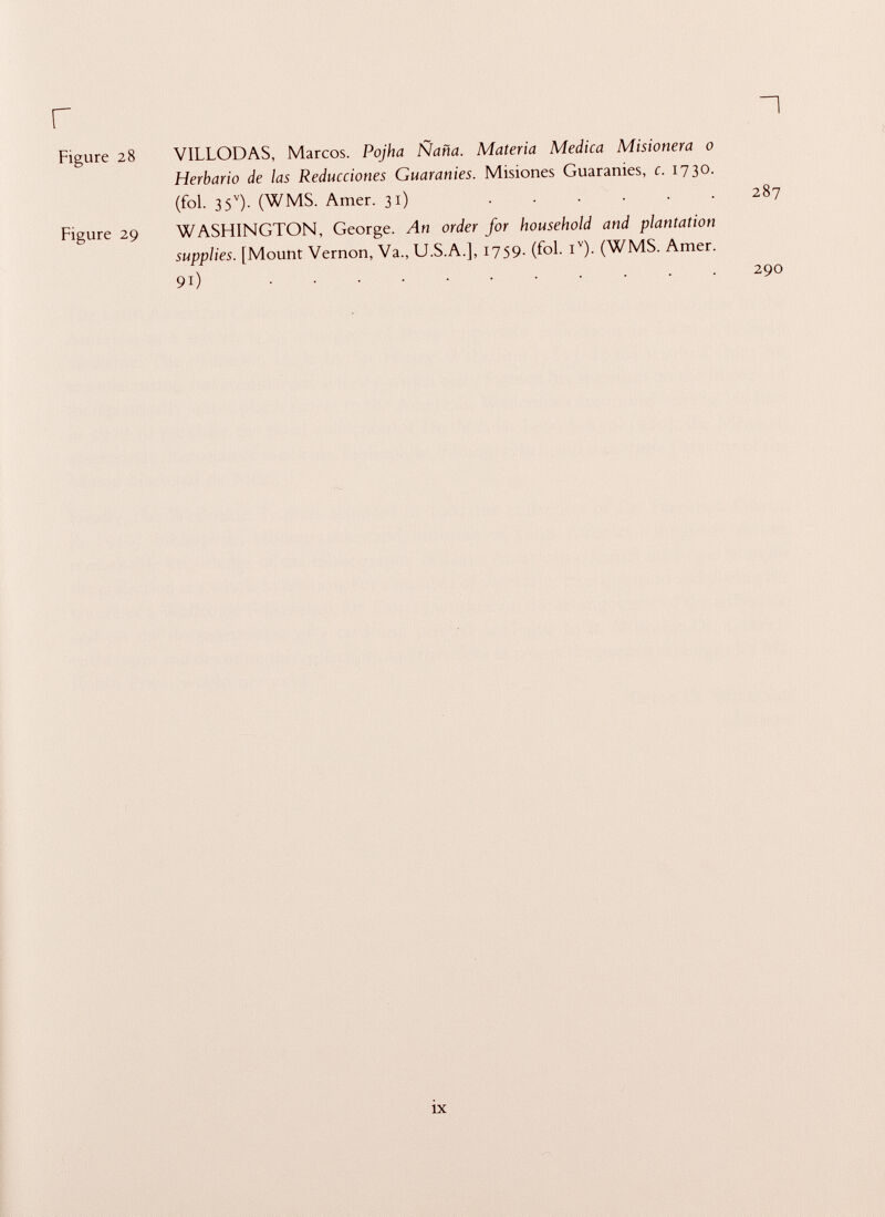r h Figure 28 VILLODAS, Marcos. Pojha Ñaña. Materia Medica Misionera o Herbario de las Reducciones Guaraníes. Misiones Guaraníes, c. 1730. (fol. 35 v ). (WMS. Amer. 31) 287 Figure 29 WASHINGTON, George. An order for household and plantation supplies. [Mount Vernon, Va., U.S.A.], 1759. (fol. i v ). (WMS. Amer. 91) 290