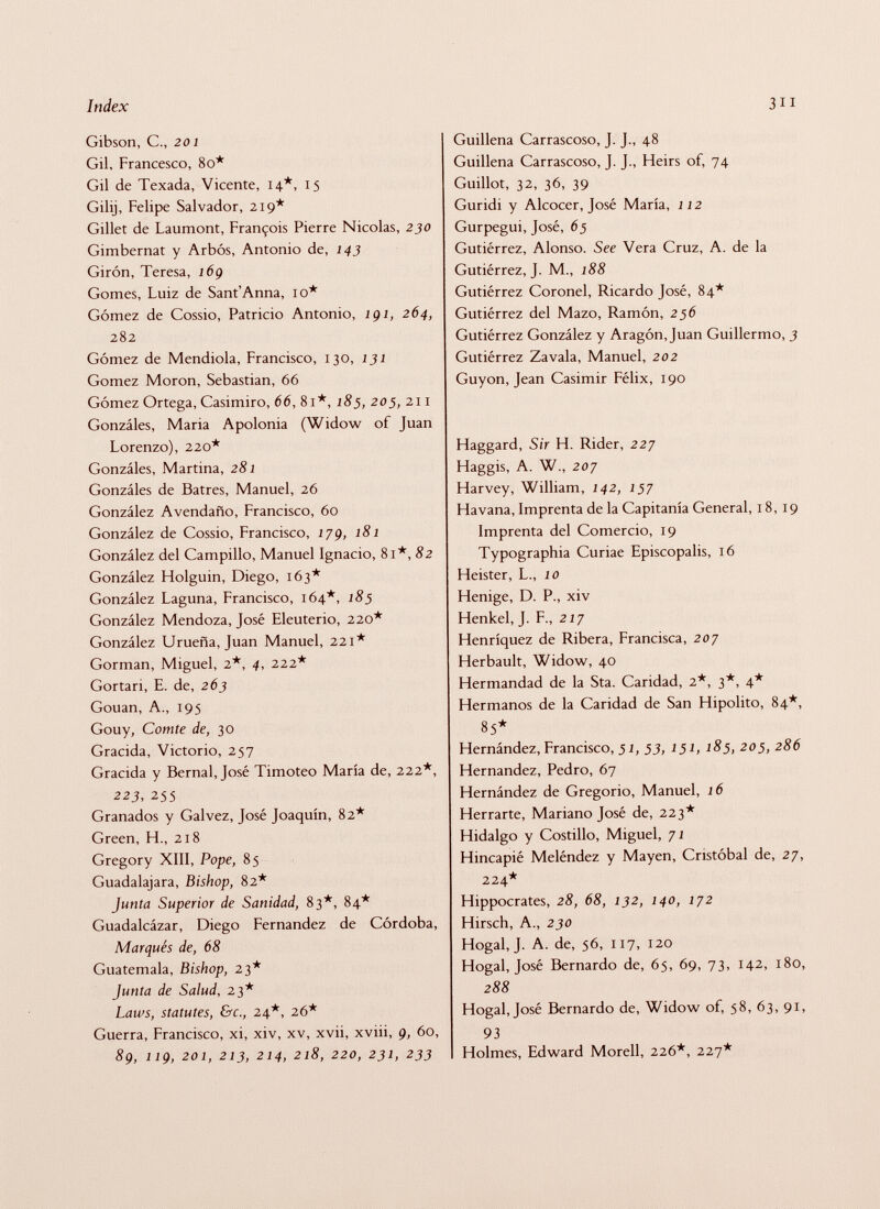 Gibson, C., 201 Gil, Francesco, 80* Gil de Texada, Vicente, 14*, 15 Gilij, Felipe Salvador, 219* Gillet de Laumont, François Pierre Nicolas, 230 Gimbernat y Arbós, Antonio de, 143 Girón, Teresa, 16g Gomes, Luiz de Sant'Anna, 10* Gómez de Cossio, Patricio Antonio, igt, 264, 282 Gómez de Mendiola, Francisco, 130, 131 Gomez Moron, Sebastian, 66 Gómez Ortega, Casimiro, 66, 81*, 185, 205, 211 Gonzáles, Maria Apolonia (Widow of Juan Lorenzo), 220* Gonzáles, Martina, 281 Gonzáles de Batres, Manuel, 26 González Avendaño, Francisco, 60 González de Cossio, Francisco, 179, 181 González del Campillo, Manuel Ignacio, 81*, 82 González Holguin, Diego, 163* González Laguna, Francisco, 164*, 185 González Mendoza, José Eleuterio, 220* González Urueña, Juan Manuel, 221* Gorman, Miguel, 2*, 4, 222* Gortari, E. de, 263 Gouan, A., 195 Gouy, Comte de, 30 Gracida, Victorio, 257 Gracida y Bernal, José Timoteo María de, 222*, 223, 255 Granados y Gal vez, José Joaquín, 82* Green, H., 218 Gregory XIII, Pope, 85 Guadalajara, Bishop, 82* Junta Superior de Sanidad, 83*, 84* Guadalcázar, Diego Fernandez de Cordoba, Marqués de, 68 Guatemala, Bishop, 23* Junta de Salud, 23* Laws, statutes, &c., 24*, 26* Guerra, Francisco, xi, xiv, xv, xvii, xviii, g, 60, 89, 119, 201, 213, 214, 218, 220, 231, 233 Guillena Carrascoso, J. J., 48 Guillena Carrascoso, J. J., Heirs of, 74 Guillot, 32, 36, 39 Guridi y Alcocer, José María, 112 Gurpegui, José, 65 Gutiérrez, Alonso. See Vera Cruz, A. de la Gutiérrez, J. M., 188 Gutiérrez Coronel, Ricardo José, 84* Gutiérrez del Mazo, Ramón, 256 Gutiérrez González y Aragón, Juan Guillermo, 3 Gutiérrez Zavala, Manuel, 202 Guyon, Jean Casimir Félix, 190 Haggard, Sir H. Rider, 227 Haggis, A. W., 207 Harvey, William, 142, 157 Havana, Imprenta de la Capitanía General, 18,19 Imprenta del Comercio, 19 Typographia Curiae Episcopalis, 16 Heister, L., 10 Henige, D. P., xiv Henkel, J. F., 217 Henríquez de Ribera, Francisca, 207 Herbault, Widow, 40 Hermandad de la Sta. Caridad, 2*, 3*, 4* Hermanos de la Caridad de San Hipólito, 84*, 85* Hernández, Francisco, 51, 53, 151, 185, 205, 286 Hernandez, Pedro, 67 Hernández de Gregorio, Manuel, 16 Herrarte, Mariano José de, 223* Hidalgo y Costillo, Miguel, 71 Hincapié Meléndez y Mayen, Cristóbal de, 27, 224* Hippocrates, 28, 68, 132, 140, 172 Hirsch, A., 230 Hogal, J. A. de, 56, 117, 120 Hogal, José Bernardo de, 65, 69, 73, 142, 180, 288 Hogal, José Bernardo de, Widow of, 58, 63, 91, 93 Holmes, Edward Morell, 226*, 227*