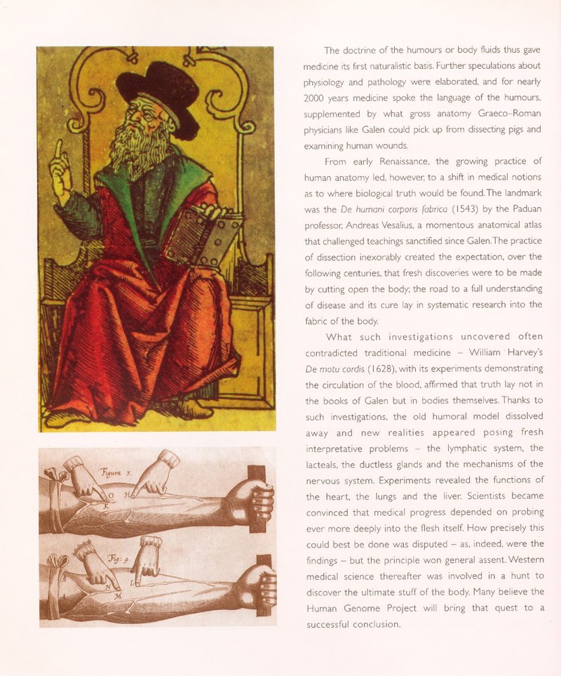 The doctrine of the humours or body fluids thus gave medicine its first naturalistic basis. Further speculations about physiology and pathology were elaborated, and for nearly 2000 years medicine spoke the language of the humours, supplemented by what gross anatomy Graeco-Roman physicians like Galen could pick up from dissecting pigs and examining human wounds. From early Renaissance, the growing practice of human anatomy led, however, to a shift in medical notions as to where biological truth would be found.The landmark was the De humani corporis fabrica (1543) by the Paduan professor, Andreas Vesalius, a momentous anatomical atlas that challenged teachings sanctified since Galen.The practice of dissection inexorably created the expectation, over the following centuries, that fresh discoveries were to be made by cutting open the body; the road to a full understanding of disease and its cure lay in systematic research into the fabric of the body. What such investigations uncovered often contradicted traditional medicine - William Harvey's De motu cordis. ( I 628), with its experiments demonstrating the circulation of the blood, affirmed that truth lay not in the books of Galen but in bodies themselves. Thanks to such investigations, the old humoral model dissolved away and new realities appeared posing fresh interpretative problems - the lymphatic system, the lacteals, the ductless glands and the mechanisms of the nervous system. Experiments revealed the functions of the heart, the lungs and the liver. Scientists became convinced that medical progress depended on probing ever more deeply into the flesh itself. How precisely this could best be done was disputed - as, indeed, were the findings - but the principle won general assent. Western medical science thereafter was involved in a hunt to discover the ultimate stuff of the body. Many believe the Human Genome Project will bring that quest to a successful conclusion.