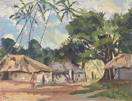 Kenya: a coastal village showing the transmission conditions for malaria, hookworm infection and schistosomiasis. Oil painting by J.K.H. Wilde, 1966.