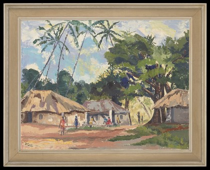 Kenya: a coastal village showing the transmission conditions for malaria, hookworm infection and schistosomiasis. Oil painting by J.K.H. Wilde, 1966.