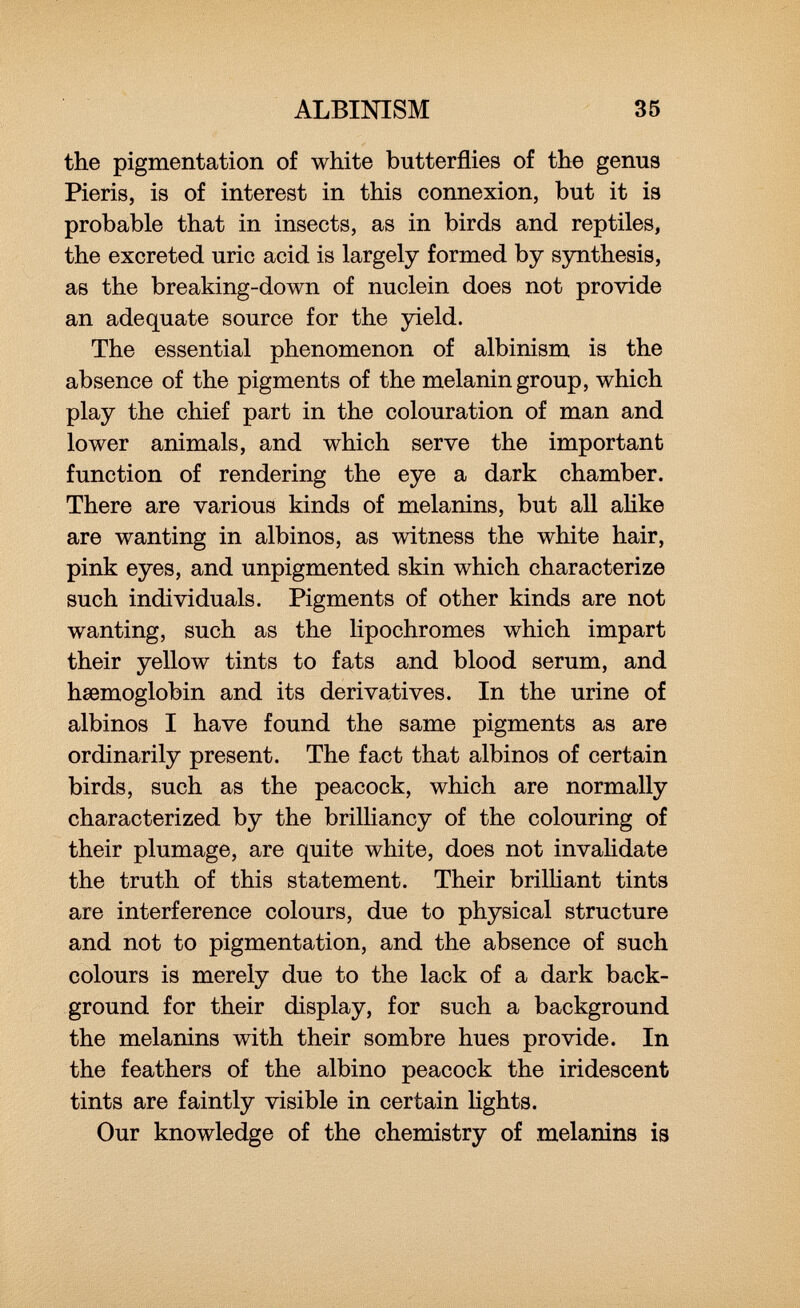 the pigmentation of white butterflies of the genus Pieris, is of interest in this connexion, but it is probable that in insects, as in birds and reptiles, the excreted uric acid is largely formed by synthesis, as the breaking-down of nuclein does not provide an adequate source for the yield. The essential phenomenon of albinism is the absence of the pigments of the melanin group, which play the chief part in the colouration of man and lower animals, and which serve the important function of rendering the eye a dark chamber. There are various kinds of melanins, but all alike are wanting in albinos, as witness the white hair, pink eyes, and unpigmented skin which characterize such individuals. Pigments of other kinds are not wanting, such as the lipochromes which impart their yellow tints to fats and blood serum, and haemoglobin and its derivatives. In the urine of albinos I have found the same pigments as are ordinarily present. The fact that albinos of certain birds, such as the peacock, which are normally characterized by the brilliancy of the colouring of their plumage, are quite white, does not invalidate the truth of this statement. Their brilliant tints are interference colours, due to physical structure and not to pigmentation, and the absence of such colours is merely due to the lack of a dark back ground for their display, for such a background the melanins with their sombre hues provide. In the feathers of the albino peacock the iridescent tints are faintly visible in certain lights. Our knowledge of the chemistry of melanins is