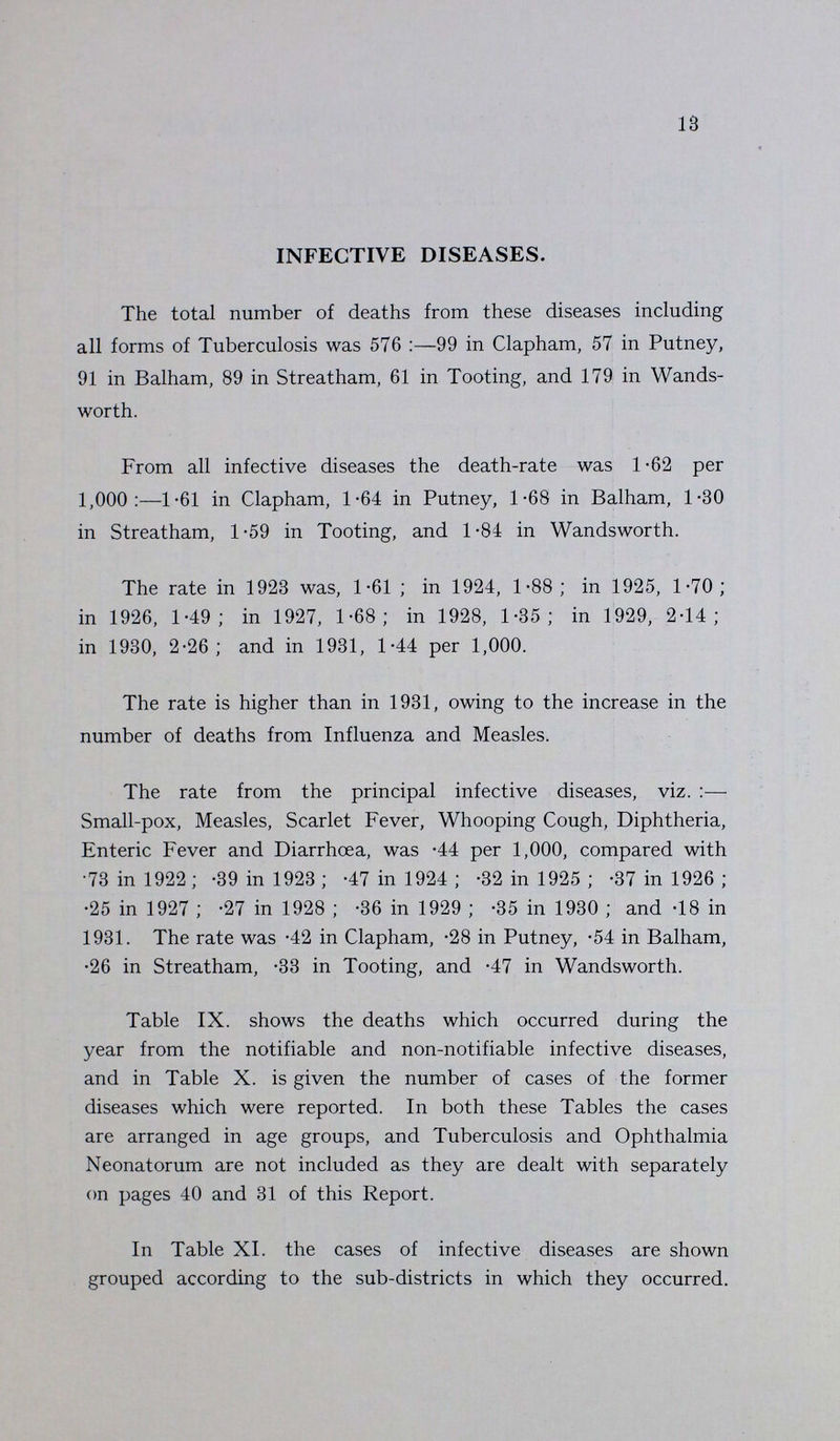 Vital Statistics. 11 TABLE VII. Cause of Death. Under 1 Week. 1-2 Weeks. 2-3 Weeks. 3-4 Weeks. Total under 4 Weeks. 4 Weeks and under 3 Months. 3 Months and under 6 Months. 6 Months and under 9 Months. 9 Months and under 12 Months. Total Deaths under 1 Year. All Causes:— Certified 88 6 9 10 113 53 40 28 27 261 Uncertified - - - - - - - - - - Small-pox - - - - - - - - - - Chicken-pox - - - - - - - - - - Measles - - - - - - - 4 3 7 Scarlet Fever - - - - - - - - - - Whooping Cough - - - - - 3 1 1 2 7 Diphtheria and Croup - - - - - - 1 - - 1 Erysipelas - - - - - 1 - - - 1 Tuberculous Meningitis - - - - - - 2 1 1 4 Abdominal Tuberculosis - - - - - - - - - - Other Tuberculous Diseases - - - - - - - 1 1 2 Meningitis (not Tuber culous) - - - - - - - - 3 3 Convulsions 4 - 1 - 5 - - - - 5 Laryngitis - - - - - - - - - - Bronchitis - - - - - 1 - - 2 3 Pneumonia (all forms) 1 - - 3 4 7 3 5 4 23 Diarrhoea - - - - - 10 13 6 5 34 Enteritis 1 - - - 1 8 10 5 2 26 Gastritis - - - - - - - - - - Syphilis 1 - 1 1 3 - 1 - - 4 Rickets - - - - - - - - - - Suffocation, overlying - - - - - - - - - - Injury at Birth 6 - - - (j 2 1 - - 9 Atelectasis 19 - - - 19 - - - - 19 Congenital Malformations 8 3 1 - 12 5 2 2 1 22 Premature Birth 42 2 5 4 53 5 1 - - 59 Atrophy, Debility and Marasmus 2 1 1 2 6 8 - - - 14 Other Causes 4 - - - 4 3 5 3 3 18 Totals 88 6 9 10 113 53 40 28 27 261 Nett Births in the year : legitimate, 3,998; illegitimate, 199. Nett Deaths in the year of legitimate infants. 241; illegitimate infants, 20. Table VIII. gives the comparative figures of infantile mortality for the last ten years for the whole of the Borough and for each of the six sub-districts.