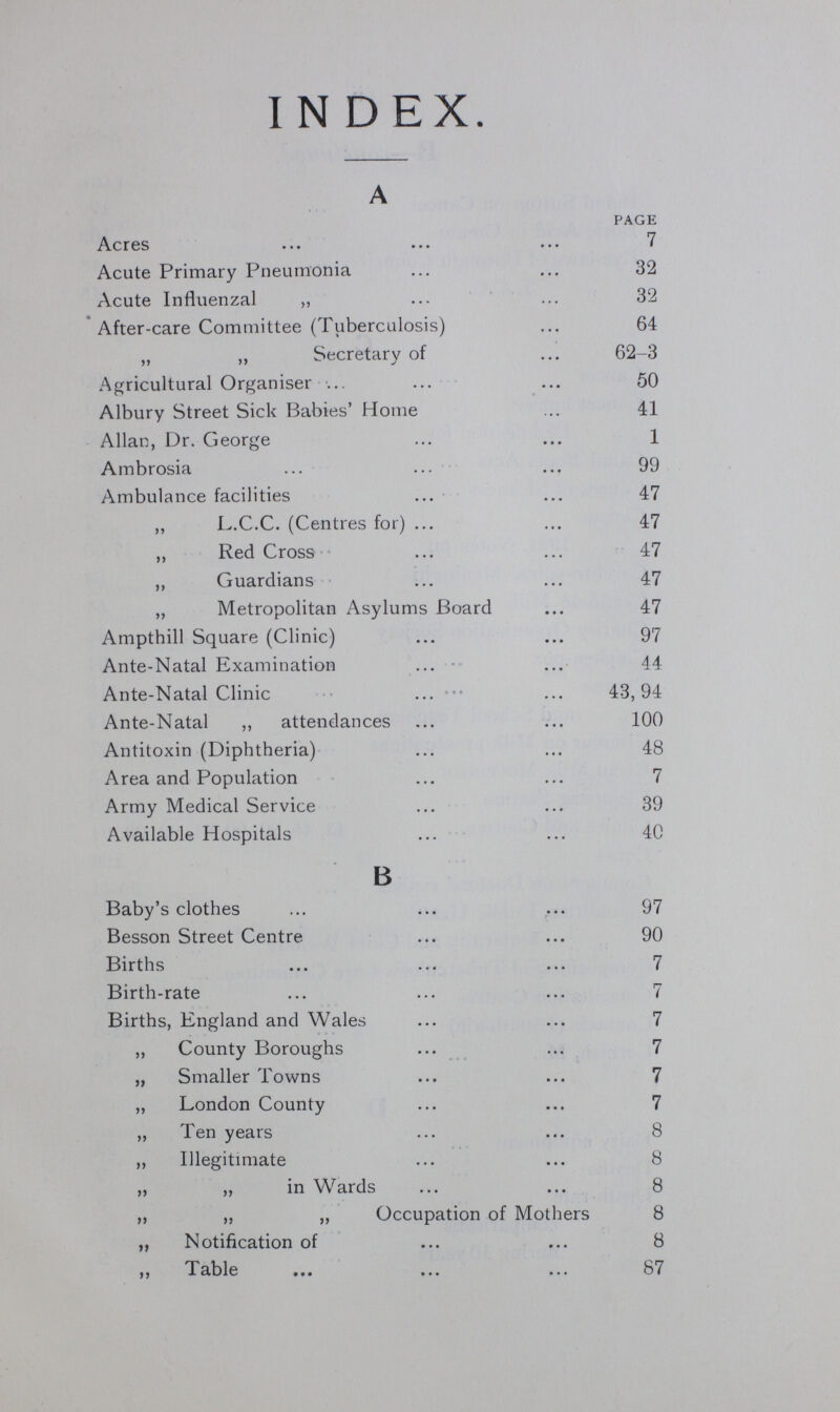 INDEX. A PAGE Acres 7 Acute Primary Pneumonia 32 Acute Influenzal „ 32 After-care Committee (Tuberculosis) 64 „ ,, Secretary of 62-3 Agricultural Organiser 50 Albury Street Sick Babies' Home 41 Allan, Dr. George 1 Ambrosia 99 Ambulance facilities 47 „ L.C.C. (Centres for) 47 „ Red Cross 47 ,, Guardians 47 „ Metropolitan Asylums Board 47 Ampthill Square (Clinic) 97 Ante-Natal Examination 44 Ante-Natal Clinic 43,94 Ante-Natal ,, attendances 100 Antitoxin (Diphtheria) 48 Area and Population 7 Army Medical Service 39 Available Hospitals 40 B Baby's clothes 97 Besson Street Centre 90 Births 7 Birth-rate 7 Births, England and Wales 7 „ County Boroughs 7 „ Smaller Towns 7 „ London County 7 „ Ten years 8 „ Illegitimate 8 „ „ in Wards 8 „ ,, „ Occupation of Mothers 8 „ Notification of 8 ,, Table 87