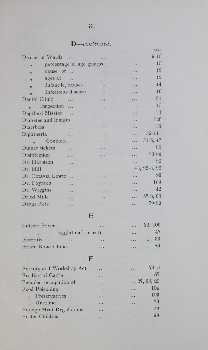 D—continued. PAGE Deaths in Wards 9-10 ,, percentage in age groups 10 ,, cause of 13 „ ages at 13 ,, Infantile, causes 14 „ Infectious disease 16 Dental Clinic 94 „ Inspection 40 Deptford Mission 41 Diabetes and Insulin 126 Diarrhoea 33 Diphtheria 32-111 „ Contacts 34-5, 47 Dinner tickets 88 Disinfection 83-84 Dr. Harbison 99 Dr. Hill 43, 92-3, 96 Dr. Octavia Lewin 99 Dr. Poynton 109 Dr. Wiggins 42 Dried Milk 57-8, 88 Drugs Acts 79-82 E Enteric Fever 32, 106 „ (agglutination test) 47 Enteritis 11, 33 Erlam Road Clinic 89 F Factory and Workshop Act 74-5 Feeding of Cattle 57 Females, occupation of 27, 28, 29 Food Poisoning 104 „ Preservatives 103 ,, Unsound 79 Foreign Meat Regulations 79 Foster Children 99