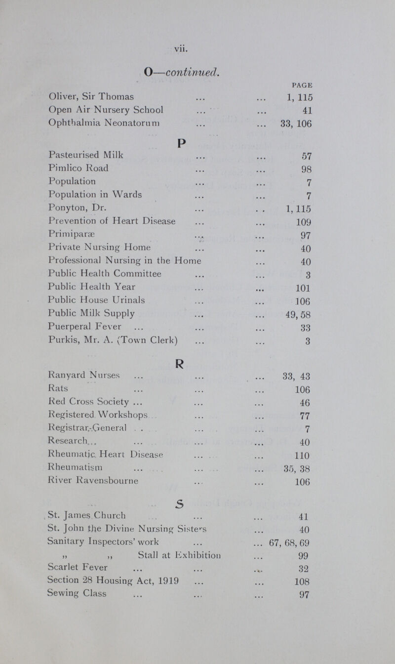 vii. O—continued. PAGE Oliver, Sir Thomas 1,115 Open Air Nursery School 41 Ophthalmia Neonatorum 33, 106 P Pasteurised Milk 57 Pimlico Road 98 Population 7 Population in Wards 7 Ponyton, Dr. 1, 115 Prevention of Heart Disease 109 Primiparae 97 Private Nursing Home 40 Professional Nursing in the Home 40 Public Health Committee 3 Public Health Year 101 Public House Urinals 106 Public Milk Supply 49,58 Puerperal Fever 33 Purkis, Mr. A. (Town Clerk) 3 R Ranyard Nurses 33, 43 Rats 106 Red Cross Society 46 Registered Workshops 77 Registrar.-General 7 Research. 40 Rheumatic Heart Disease 110 Rheumatism 35, 38 River Ravensbourue 106 s St. James Church 41 St. John the Divine Nursing Sisters 40 Sanitary Inspectors'work 67,68,69 ,, ,, Stall at Exhibition 99 Scarlet Fever 32 Section 28 Housing Act, 1919 108 Sewing Class 97