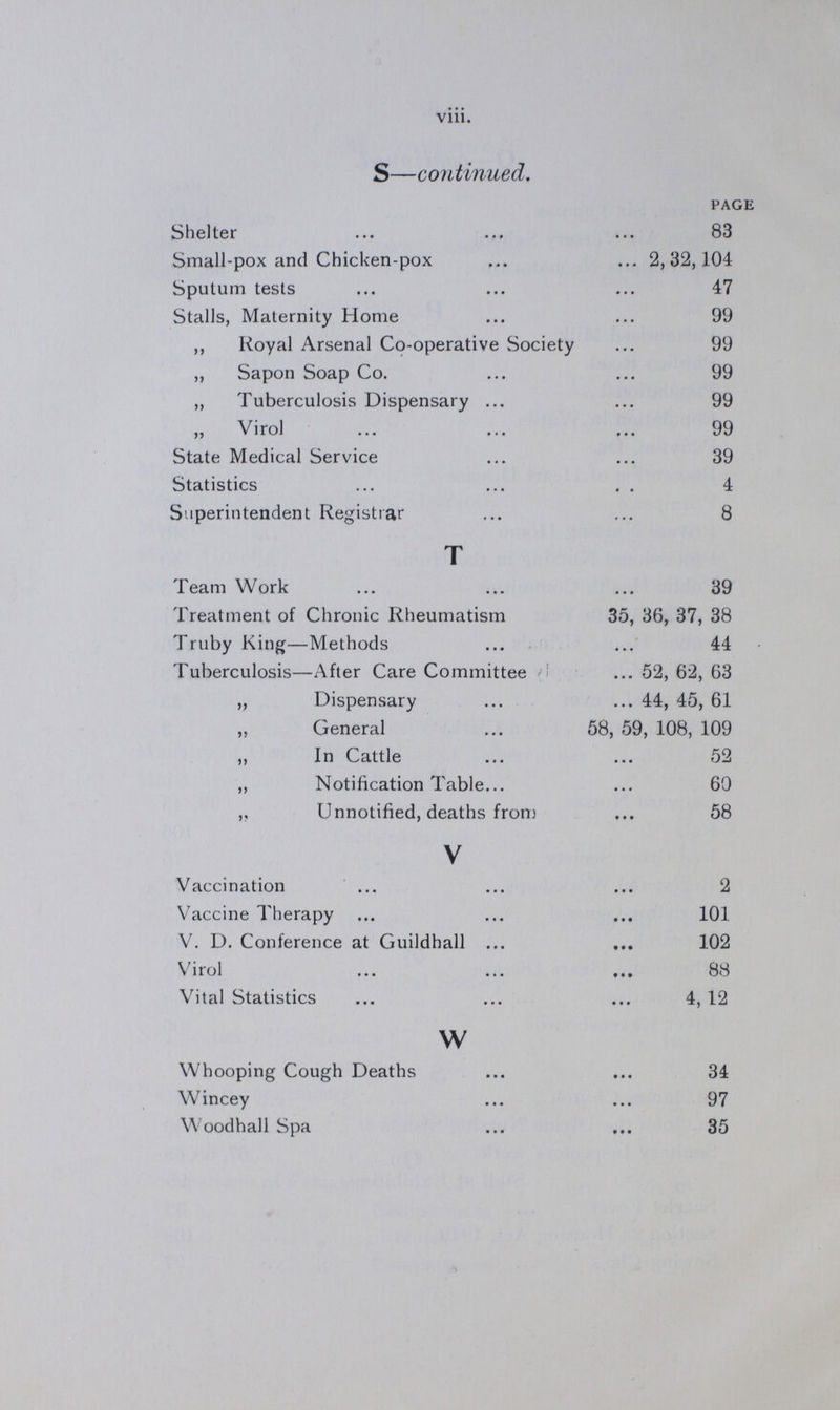 viii. S—continued. PAGE Shelter 83 Small-pox and Chicken-pox 2,32,104 Sputum tests 47 Stalls, Maternity Home 99 ,, Royal Arsenal Co-operative Society 99 „ Sapon Soap Co. 99 „ Tuberculosis Dispensary 99 „ Virol 99 State Medical Service 39 Statistics 4 Superintendent Registrar 8 T Team Work 39 Treatment of Chronic Rheumatism 35, 36, 37, 38 Truby King—Methods 44 Tuberculosis—After Care Committee 52, 62, 63 „ Dispensary 44, 45, 61 ,, General 58, 59, 108, 109 ,, In Cattle 52 „ Notification Table 60 ,, Unnotified, deaths from 58 V Vaccination 2 Vaccine Therapy 101 V. D. Conference at Guildhall 102 Virol 88 Vital Statistics 4,12 w Whooping Cough Deaths 34 Wincey 97 Woodhall Spa 35