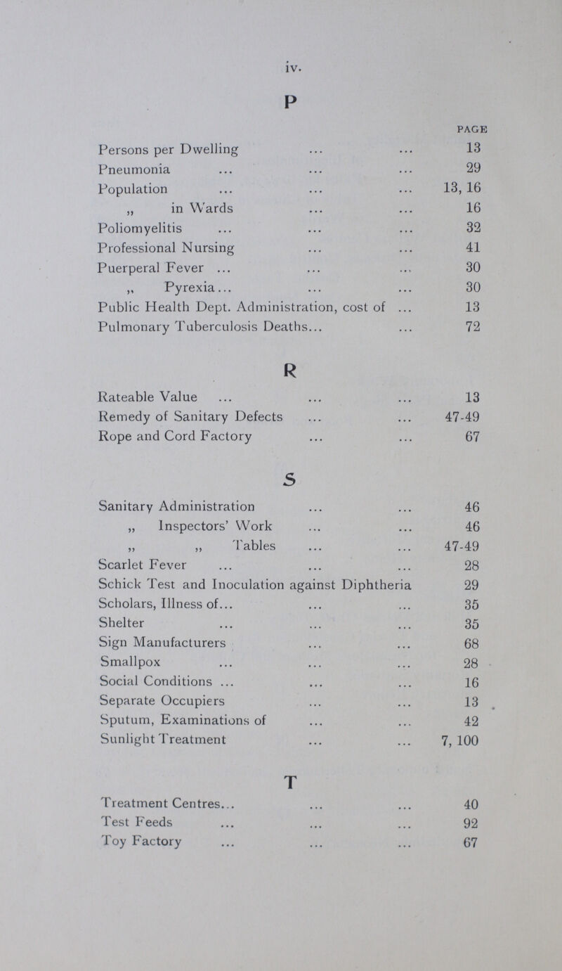 iv. P PAGE Persons per Dwelling 13 Pneumonia 29 Population 13, 16 ,, in Wards 16 Poliomyelitis 32 Professional Nursing 41 Puerperal Fever 30 „ Pyrexia 30 Public Health Dept. Administration, cost of 13 Pulmonary Tuberculosis Deaths 72 R Rateable Value 13 Remedy of Sanitary Defects 47-49 Rope and Cord Factory 67 R Sanitary Administration 46 „ Inspectors' Work 46 ,, ,, Tables 47-49 Scarlet Fever 28 Schick Test and Inoculation against Diphtheria 29 Scholars, Illness of 35 Shelter 35 Sign Manufacturers 68 Smallpox 28 Social Conditions 16 Separate Occupiers 13 Sputum, Examinations of 42 Sunlight Treatment 7,100 T Treatment Centres 40 Test Feeds 92 Toy Factory 67