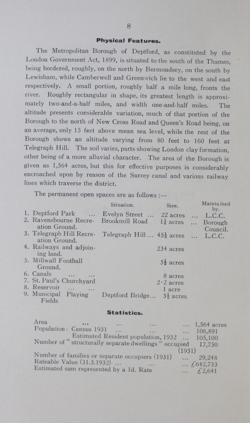 8 Physical Features. The Metropolitan Borough of Deptford, as constituted by the London Government Act, 1899, is situated to the south of the Thames, being bordered, roughly, on the north by Bermondsey, on the south by Lewisham, while Camberwell and Greenwich lie to the west and east respectively. A small portion, roughly half a mile long, fronts the river. Roughly rectangular in shape, its greatest length is approxi mately two-and-a-half miles, and width one-and-half miles. The altitude presents considerable variation, much of that portion of the Borough to the north of New Cross Road and Queen's Road being, on an average, only 15 feet above mean sea level, while the rest of the Borough shows an altitude varying from 80 feet to 160 feet at Telegraph Hill. The soil varies, parts showing London clay formation, other being of a more alluvial character. The area of the Borough is given as 1,564 acres, but this for effective purposes is considerably encroached upon by reason of the Surrey canal and various railway lines which traverse the district. The permanent open spaces are as follows:— Situation. Size. Mainta ined by. 1. Deptford Park Evelyn Street 22 acres .. L.C.C. 2. Ravensbourne Recre ation Ground. Brookmill Road 1½ acres Borough Council. 3. Telegraph Hill Recre ation Ground. Telegraph Hill 45 acres L.C.C. 4. Railways and adjoin ing land. 234 acres 5. Mill wall Football Ground. 5½ acres 6. Canals 8 acres 7. St. Paul's Churchyard 2.2 acres 8. Reservoir 1 acre 9. Municipal Playing Fields Deptford Bridge 3½ acres Statistics. Area 1,564 acres Population: Census 1931 106,891 Estimated Resident population, 1932 105,100 Number of structurally separate dwellings occupied (193] 17,750 ■ ) Number of families or separate occupiers (1931) 29,248 Rateable Value (31.3.1932) £642,733 Estimated sum represented by a Id. Rate £2,641