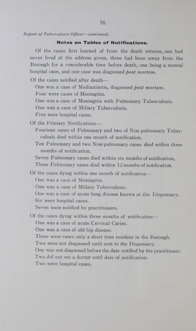 76 Report of Tuberculosis Officer—continued. Notes on Tables of Notifications. Of the cases first learned of from the death returns, one had never lived at the address given, three had been away from the Borough for a considerable time before death, one being a mental hospital case, and one case was diagnosed post mortem. Of the cases notified after death— One was a case of Mediastinitis, diagnosed post mortem. Four were cases of Meningitis. One was a case of Meningitis with Pulmonary Tuberculosis. One was a case of Miliary Tuberculosis. Five were hospital cases. Of the Primary Notifications— Fourteen cases of Pulmonary and two of Non-pulmonary Tuber culosis died within one month of notification. Ten Pulmonary and two Non-pulmonary cases died within three months of notification. Seven Pulmonary cases died within six months of notification, Three Pulmonary cases died within 12 months of notification. Of the cases dying within one month of notification— One was a case of Meningitis. One was a case of Miliary Tuberculosis. One was a case of acute lung disease known at the Dispensary. Six were hospital cases. Seven were notified by practitioners. Of the cases dying within three months of notification— One was a case of acute Cervical Caries. One was a case of old hip disease. Three were cases only a short time resident in the Borough. Two were not diagnosed until sent to the Dispensary. One was not diagnosed before the date notified by the practitioner. Two did not see a doctor until date of notification. Two were hospital cases.