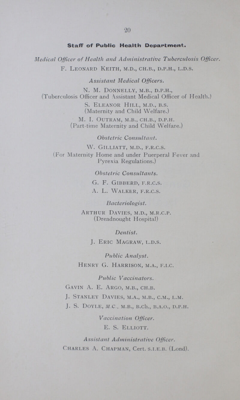 20 Staff of Public Health Department. Medical Officer of Health and Administrative Tuberculosis Officer. F. Leonard Keith, m.d., ch.b., d.p.h., l.d.s. Assistant Medical Officers. N. M. Donnelly, m.b., d.p.h., (Tuberculosis Officer and \ssistant Medical Officer of Health.) S. Eleanor Hill, m.d., b.s. (Maternity and Child Welfare.) M. I. outram, m.b., ch.b., d.p.h. (Part-time Maternity and Child Welfare.) Obstetric Consultant. W. Gilliatt, m.d., f.r.c.s. (For Maternity Home and under Puerperal Fever and Pyrexia Regulations.) Obstetric Consultants. G. F. Gibberd, f.r.c.s. A. L. W^alker, f.r.c.s. Bacteriologist. Arthur Davies, m.d., m.r.c.p. (Dreadnought Hospital) Dentist. J. Eric Magraw, l.d.s. Public Analyst. Henry G. Harrison, m.a., f.i.c. Public Vaccinators. Gavin A. E. Argo, m.b., ch.b. J. Stanley Davies, m.a., m.b., c.m., l.m. J. S. Doyle, m.c., m.b., b.ch., b.a.o., d.p.h. Vaccination Officer. E. S. Elliott. Assistant Administrative Officer. Charles A. Chapman, Cert, s.i.e.b. (Lond).