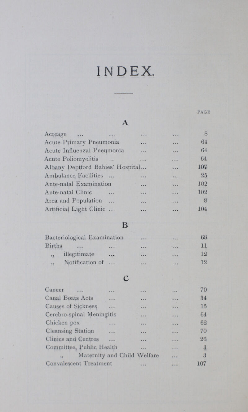 INDEX PAGE A Acreage 8 Acute Primary Pneumonia 64 Acute Influenzal Pneumonia 64 Acute Poliomyelitis 64 Albany Deptford Babies' Hospital 107 Ambulance Facilities 25 Ante-natal Examination 102 Ante-natal Clinic 102 Area and Population 8 Artificial Light Clinic 104 B Bacteriological Examination 68 Births 11 „ illegitimate 12 „ Notification of 12 c Cancer 70 Canal Boats Acts 34 Causes of Sickness 15 Cerebro-spinal Meningitis 64 Chicken pox 62 Cleansing Station 70 Clinics and Centres 26 Committee, Public Health 3 „ Maternity and Child Welfare 3 Convalescent Treatment 107