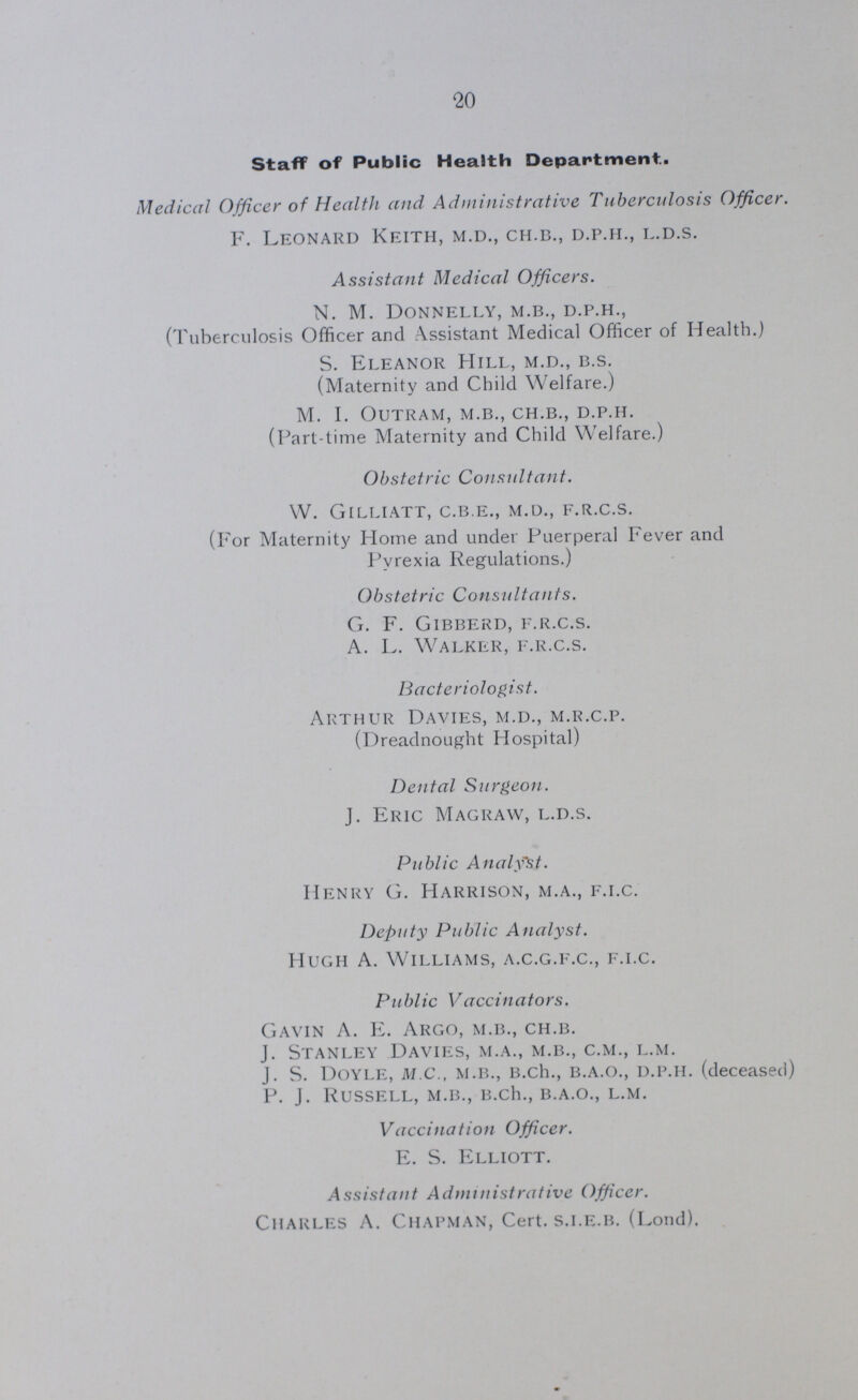 20 Staff of Public Health Department.. Medical Officer of Health and Administrative Tuberculosis Officer. F. Leonard Keith, m.d., ch.b., d.p.h., l.d.s. Assistant Medical Officers. n. M. Donnelly, m.b., d.p.h., (Tuberculosis Officer and Assistant Medical Officer of Health.) S. Eleanor Hill, m.d., b.s. (Maternity and Child Welfare.) M. I. Outram, m.b., ch.b., d.p.h. (Part-time Maternity and Child Welfare.) Obstetric Consultant. W. Gilliatt, c.b.e., m.d., f.r.c.s. (For Maternity Home and under Puerperal Fever and Pyrexia Regulations.) Obstetric Consultants. G. F. Gibberd, f.r.c.s. A. L. Walker, f.r.c.s. Bacteriologist. Arthur Davies, m.d., m.r.c.p. (Dreadnought Hospital) Dental Surgeon. J. Eric Macraw, L.D.S. Public Analfst. Henry G. Harrison, M.A., F.I.C. Deputy Public Analyst. Hugh A. Williams, a.c.g.e.c., f.i.c. Public Vaccinators. Gavin A. E. Argo, m.b., ch.b. J. Stanley Davies, m.a., m.b., c.m., l.m. J. S. Doyle, M.C., m.b., b.ch., b.a.o., d.p.h. (deceased) P. J. Russell, m.b., b.ch., b.a.o., l.m. Vaccination Officer. E. S. Elliott. Assistant Administrative Officer. Charles A. Chapman, Cert, s.i.e.b. (Lond).