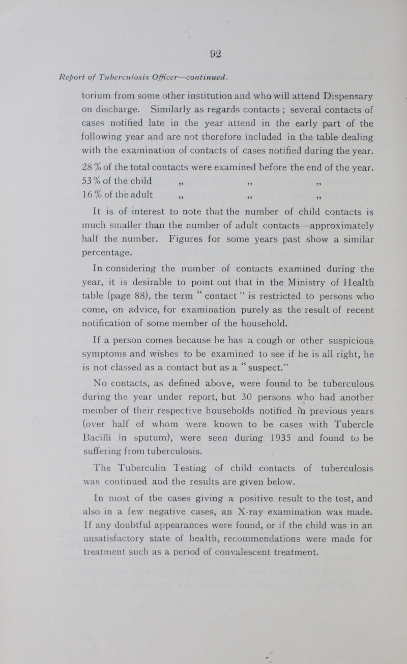 92 Report of Tuberculosis Officer—continued. torium from some other institution and who will attend Dispensary on discharge. Similarly as regards contacts; several contacts of cases notified late in the year attend in the early part of the following year and are not therefore included in the table dealing with the examination of contacts of cases notified during the year. 28 % of the total contacts were examined before the end of the year. 53% of the child „ ,, ,, 16 % of the adult ,, ,, „ It is of interest to note that the number of child contacts is much smaller than the number of adult contacts—approximately half the number. Figures for some years past show a similar percentage. In considering the number of contacts examined during the year, it is desirable to point out that in the Ministry of Health table (page 88), the term  contact  is restricted to persons who come, on advice, for examination purely as the result of recent notification of some member of the household. If a person comes because he has a cough or other suspicious symptoms and wishes to be examined to see if he is all right, he is not classed as a contact but as a suspect. No contacts, as defined above, were found to be tuberculous during the year under report, but 30 persons who had another member of their respective households notified in previous years (over half of whom were known to be cases with Tubercle Bacilli in sputum), were seen during 1935 and found to be suffering from tuberculosis. The Tuberculin Testing of child contacts of tuberculosis was continued and the results are given below. In most of the cases giving a positive result to the test, and also in a few negative cases, an X-ray examination was made. If any doubtful appearances were found, or if the child was in an unsatisfactory state of health, recommendations were made for treatment such as a period of convalescent treatment.