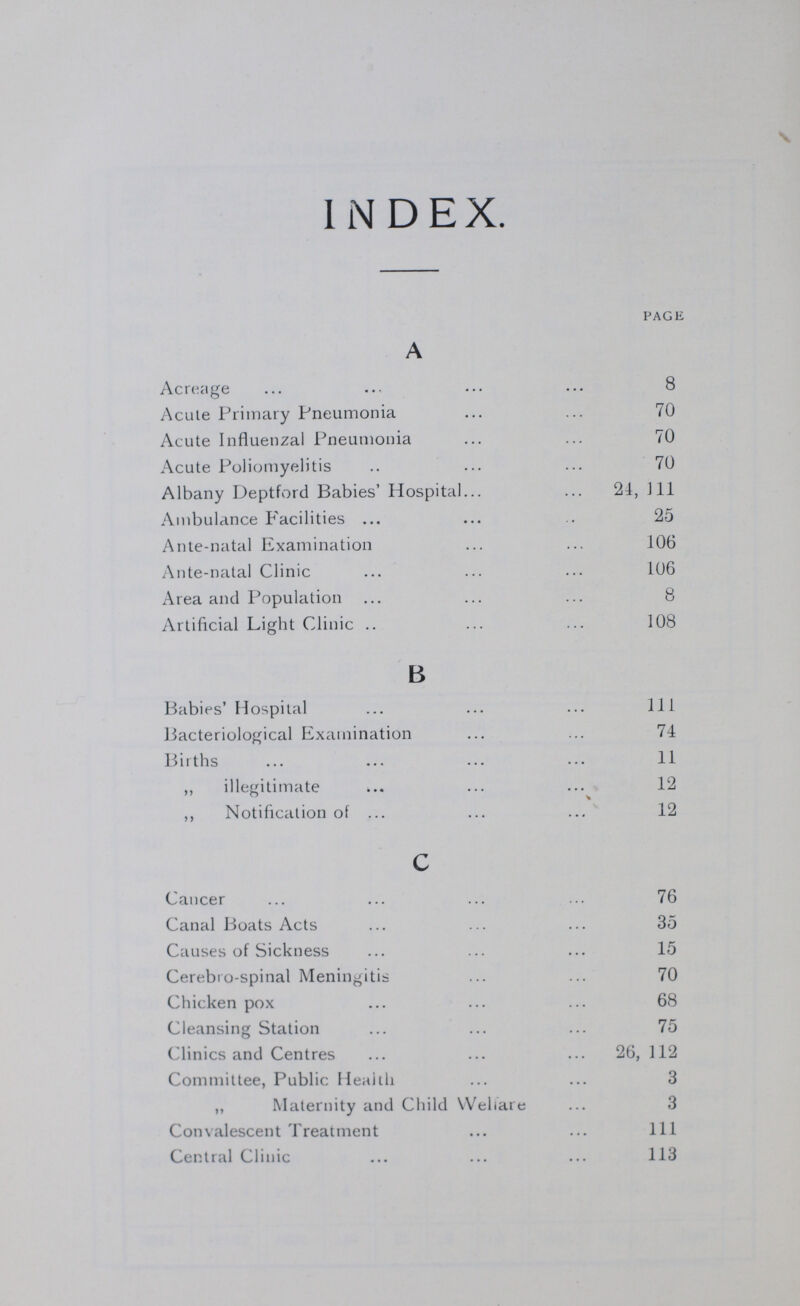 INDEX PAGE A Acreage 8 Acute Primary Pneumonia 70 Acute Influenzal Pneumonia 70 Acute Poliomyelitis 70 Albany Deptford Babies' Hospital 21, 111 Ambulance Facilities 25 Ante-natal Examination 106 Ante-natal Clinic 106 Area and Population 8 Artificial Light Clinic 108 B Babies' Hospital 111 Bacteriological Examination 74 Births 11 „ illegitimate 12 „ Notification of 12 c Cancer 76 Canal Boats Acts 35 Causes of Sickness 15 Cerebro-Spinal Meningitis 70 Chicken pox 68 Cleansing Station 75 Clinics and Centres 26, 112 Committee, Public Health 3 „ Maternity and Child Welfare 3 Convalescent Treatment 111 Central Clinic 113