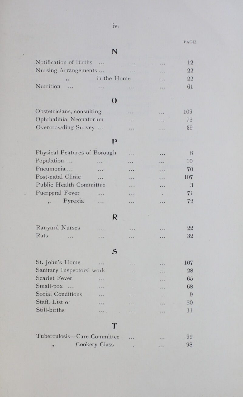 iv PAGE N Notification of Births 12 Nursing Arrangements 22 „ in the Home 22 Nutrition 61 O Obstetricians, consulting 109 Ophthalmia Neonatorum 72 Overcrowding Survey 39 P Physical Features of Borough 8 Population 10 Pneumonia 70 Post-natal Clinic 107 Public Health Committee 3 Puerperal Fever 71 ,, Pyrexia 72 R Ranyard Nurses 22 Rats 32 s St John's Home 107 Sanitary Inspectors' work 28 Scarlet Fever 65 Small-pox 68 Social Conditions 9 Staff, List of 20 Still-births 11 T Tuberculosis—Care Committee 99 „ Cookery Class 98