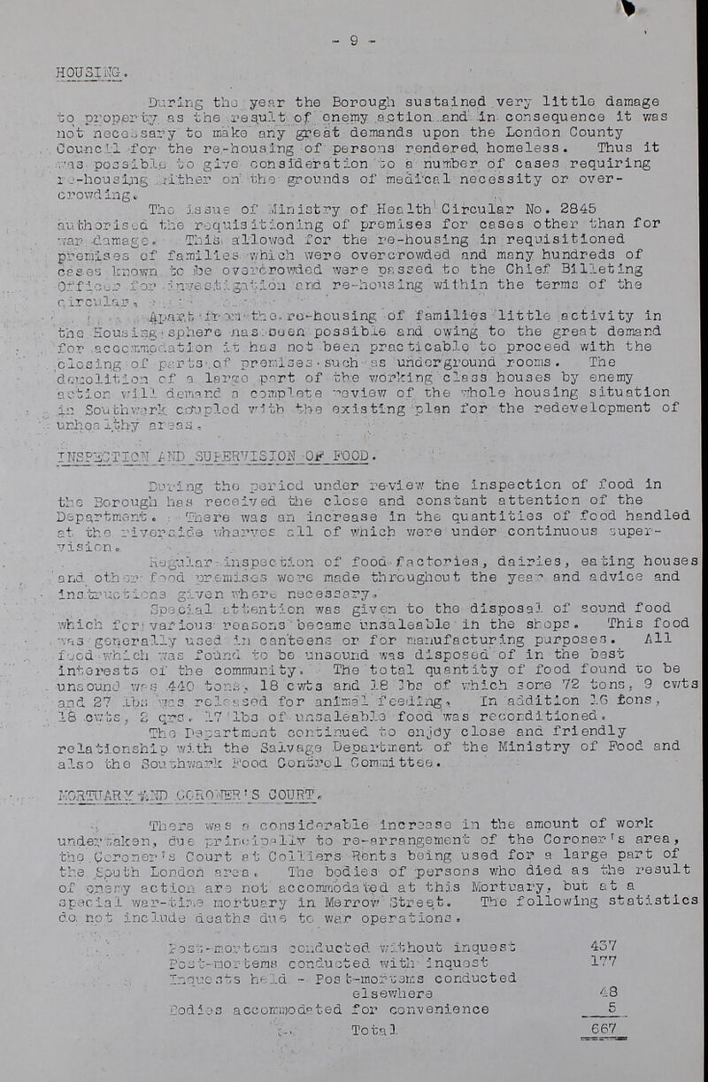 9 HOUSING. During the year the Borough sustained very little damage to property, as the result of enemy action, and in consequence it was not necessary to make any great demands upon the London County Council for the re-housing of persons rendered homeless. Thus it was possible to give consideration to a number of cases requiring re-housing either on the grounds of medical necessity or over crowding. The issue of Ministry of Health Circular No. 2845 authorised the requisitioning of premises for cases other than for war damage. This allowed for the re-housing in requisitioned premises of families which were overcrowded and many hundreds of cases known to be overcrowded were passed to the Chief Billeting Officer for investigation and re-housing within the terms of the circular. Apart from the re-housing of families little activity in the Housing sphere has been possible and owing to the great demand for accommodation it has not been practicable to proceed with the closing of parts of premises such as underground rooms. The demolition of a large part of the working class houses by enemy action will demand a complete review of the whole housing situation in Southwark coupled with the existing plan for the redevelopment of unhealthy areas. INSPECTION AND SUPERVISION OF FOOD. During the period under review the inspection of food in the Borough has received the close and constant attention of the Department. There was an increase in the quantities of food handled st the riverside wharves all of which were under continuous super vision Regular inspection of food factories, dairies, eating houses and other food premises were made throughout the year and advice and instructions given where necessary. Special attention was given to the disposal of sound food which for various reasons became unsaleable in the shops. This food was generally used in canteens or for manufacturing purposes. All food which was found to be unsound was disposed of in the best interests of the community. The total quantity of food found to be unsound was 440 tons. 18 cwts and 18 lbs of which some 72 tons, 9 cwts and 27 lbs was released for animal feeding. In addition 16 tons, 18 cwts, 2 qrs. 17 lbs of unsaleable food was reconditioned. The Department continued to enjoy close and friendly relationship with the Salvage Department of the Ministry of Food and also the Souuhwark Food Control Committee. MORTUARY AND GORONER'S COURT. There was a considerable increase in the amount of work undertaken, due principally to re-arrangement of the Coroner's area, the Coroner's Court at Colliers Rents being used for a large part of the South London area. The bodies of persons who died as the result of enemy action are not accommodated at this Mortuary, but at a special war-time mortuary In Merrow Street. The following statistics do not include deaths due to war operations. Post-mortems conducted without inquest 437 Post-mortems conducted with inquest 177 Inquests held-Post-mortems conducted elsewhere 48 Bodies accommodated for convenience 5 Total 667