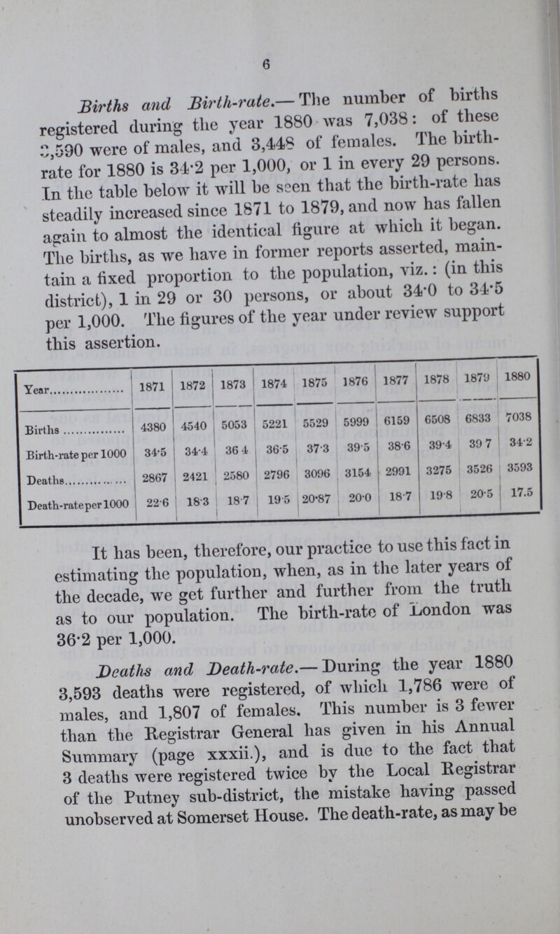 6 Births and Birth-rate.— The number of births registered during the year 1880 was 7,038: of these 3,590 were of males, and 3,448 of females. The birth rate for 1880 is 34.2 per 1,000, or 1 in every 29 persons. In the table below it will be seen that the birth-rate has steadily increased since 1871 to 1879, and now has fallen again to almost the identical figure at which it began. The births, as we have in former reports asserted, main tain a fixed proportion to the population, viz.: (in this district), 1 in 29 or 30 persons, or about 34.0 to 34.5 per 1,000. The figures of the year under review support this assertion. Year 1871 1872 1873 1874 1875 1876 1877 1878 1879 1880 Births 4380 4540 5053 5221 5529 5999 6159 6508 6833 7038 Birth-rate per 1000 34.5 34.4 36.4 36.5 37.3 39.5 38.6 39.4 39.7 34.2 Deaths 2867 2421 2580 2796 3096 3154 2991 3275 3526 3593 Death-rate per 1000 22.6 18.3 18.7 19.5 20.87 20.0 18.7 19.8 20.5 17.5 It has been, therefore, our practice to use this fact in estimating the population, when, as in the later years of the decade, we get further and further from the truth as to our population. The birth-rate of London was 36.2 per 1,000. Deaths and Death-rate.—During the year 1880 3,593 deaths were registered, of which 1,786 were of males, and 1,807 of females. This number is 3 fewer than the Registrar General has given in his Annual Summary (page xxxii.), and is due to the fact that 3 deaths were registered twice by the Local Registrar of the Putney sub-district, the mistake having passed unobserved at Somerset House. The death-rate, as may be