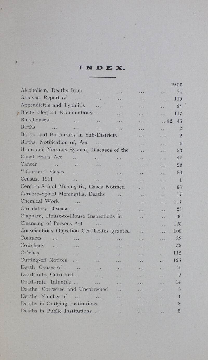 INDEX. PAGE Alcoholism, Deaths from 24 Analyst, Report of 119 Appendicitis and Typhlitis 24 Bacteriological Examinations 117 Bakehouses 42, 46 Births 2 Births and Birth-rates in Sub-Districts 2 Births, Notification of, Act 4 Brain and Nervous System, Diseases of the 23 Canal Boats Act 47 Cancer 22 Carrier Cases 83 Census, 1911 1 Cerebro-Spinal Meningitis, Cases Notified 66 Cerebro-Spinal Meningitis, Deaths 17 Chemical Work 117 Circulatory Diseases 23 Clapham, House-to-House Inspections in 36 Cleansing of Persons Act 125 Conscientious Objection Certificates granted 100 Contacts 82 Cowsheds 55 Creches 112 Cutting-off Notices 125 Death, Causes of 11 Death-rate, Corrected 9 Death-rate, Infantile 14 Deaths, Corrected and Uncorrected 9 Deaths, Number of 4 Deaths in Outlying Institutions 8 Deaths in Public Institutions 5