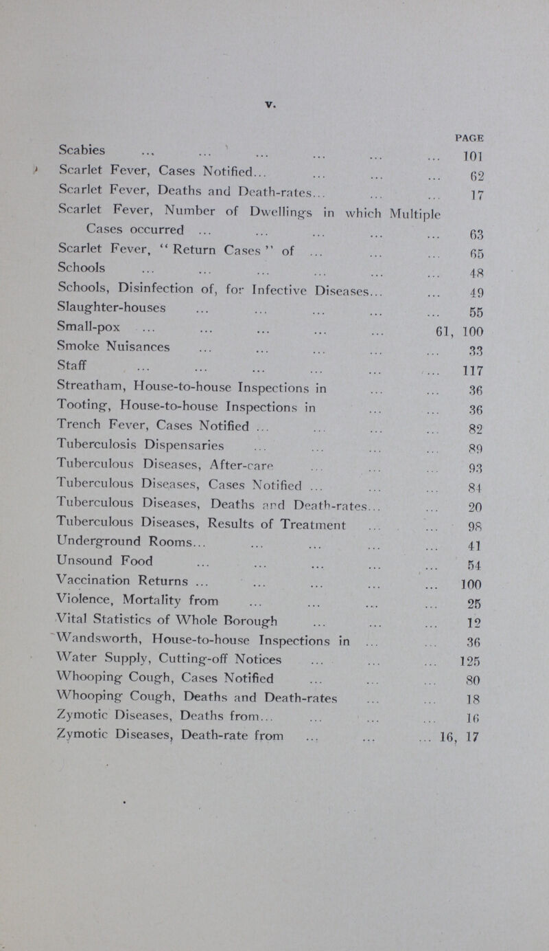 V. PAGE Scabies 101 Scarlet Fever, Cases Notified 62 Scarlet Fever, Deaths and Death-rates 17 Scarlet Fever, Number of Dwelling's in which Multiple Cases occurred 63 Scarlet Fever, Return Cases of 65 Schools 48 Schools, Disinfection of, for Infective Diseases 49 Slaughter-houses 55 Small-pox 61, 100 Smoke Nuisances 33 Staff 117 Streatham, House-to-house Inspections in 36 Tooting, House-to-house Inspections in 36 Trench Fever, Cases Notified 82 Tuberculosis Dispensaries 89 Tuberculous Diseases, After-care 93 Tuberculous Diseases, Cases Notified 84 Tuberculous Diseases, Deaths and Death-rates 20 Tuberculous Diseases, Results of Treatment 98 Underground Rooms 41 Unsound Food 54 Vaccination Returns 100 Violence, Mortality from 25 Vital Statistics of Whole Borough 12 Wandsworth, House-to-house Inspections in 36 Water Supply, Cutting-off Notices 125 Whooping Cough, Cases Notified 80 Whooping Cough, Deaths and Death-rates 18 Zymotic Diseases, Deaths from 16 Zymotic Diseases, Death-rate from 16, 17