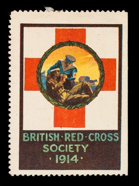 British Red Cross Society 1914 : [a man in naval uniform [?] attends a soldier lying on the ground, a horse-drawn ambulance in the background].