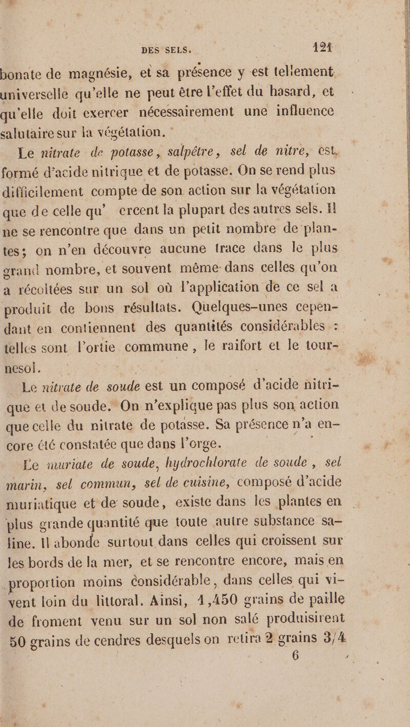 DES SELS. nee 124 bonate de magnésie, et sa présence y est teliement: universelle qu’elle ne peut être l'effet du hasard, et qu'elle doit exercer nécessairement une influence salutaire sur la végétation. * Le nitrate de potasse, salpétre, sel de nitre, est. formé d'acide nitrique et de potasse. On se rend plus difficilement compte de son action sur la végétation que de celle qu’ ercent la plupart des autres sels. F ne se rencontre que dans un petit nombre de plan- tes; on n’en découvre aucune trace dans le plus grand nombre, et souvent même dans celles qu'on a récoltées sur un sol où lapplication de ce sel à produit de bons résultats. Quelques-unes cepen- dant en contiennent des quantités considérables: telles sont Portie commune, le raifort et le tour- nesol. | Le nitrate de soude est un composé d'acide nitri- que et de soude. On n’explique pas plus son action que celle du nitrate de potasse. Sa présence n’a en- core été constatée que dans l'orge. Le muriate de soude, hydrochlorate de soude , sel marin, sel commun, sel de cuisine, composé d’acide muriatique et de soude, existe dans Îles plantes en plus grande quantité que toute autre substance sa- line. ll abonde surtout dans celles qui croissent sur les bords de la mer, et se rencontre encore, mais en proportion moins Considérable, dans celles qui vi- vent loin du littoral. Ainsi, 4,450 grains de païlle de froment venu sur un sol non salé produisirent