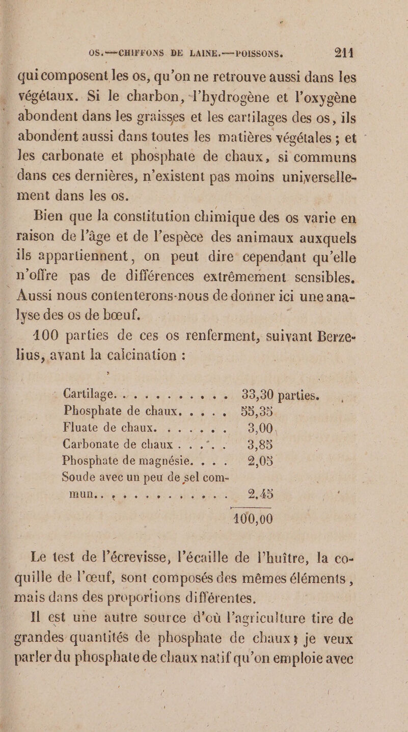 qui composent les os, qu’on ne retrouve aussi dans les . végélaux. Si le charbon, l’hydrogène et l'oxygène abondent dans les graisses et les cartilages des os, ils abondent aussi dans toutes les matières végétales ; et : les carbonate et phosphate de chaux, si communs dans ces dernières, n'existent pas moins universelle- ment dans les os. Bien que la constitution chimique des os varie en raison de l’âge et de l’espèce des animaux auxquels ils appartiennent, on peut dire cependant qu’elle n'offre pas de différences extrêmement sensibles. . Aussi nous contenterons-nous de donner ici une ana- lyse des os de bœuf. 400 parties de ces os renferment, suivant Berze- Bus, ayant la caicination : x 1 Cartilage:. 4... 1: 83,80 parties, Phosphate de chaux, . : . . 55,35 Fluste dé chaux. 5. ., +! 3,00: Carbonate de chaux . . .”. . 3,85 Phosphate de magnésie. . . . 2,05 Soude avec un peu de sel com- über Cor antenne 0748 Le test de l’écrevisse, l’écaiile de l’huître, la co- quille de l'œuf, sont composés des mêmes éléments, mais dans des proportions différentes. Il est une autre source d’où l’agriculture tire de grandes quantités de phosphate de chaux je veux parler du phosphate de chaux natif qu’on emploie avec