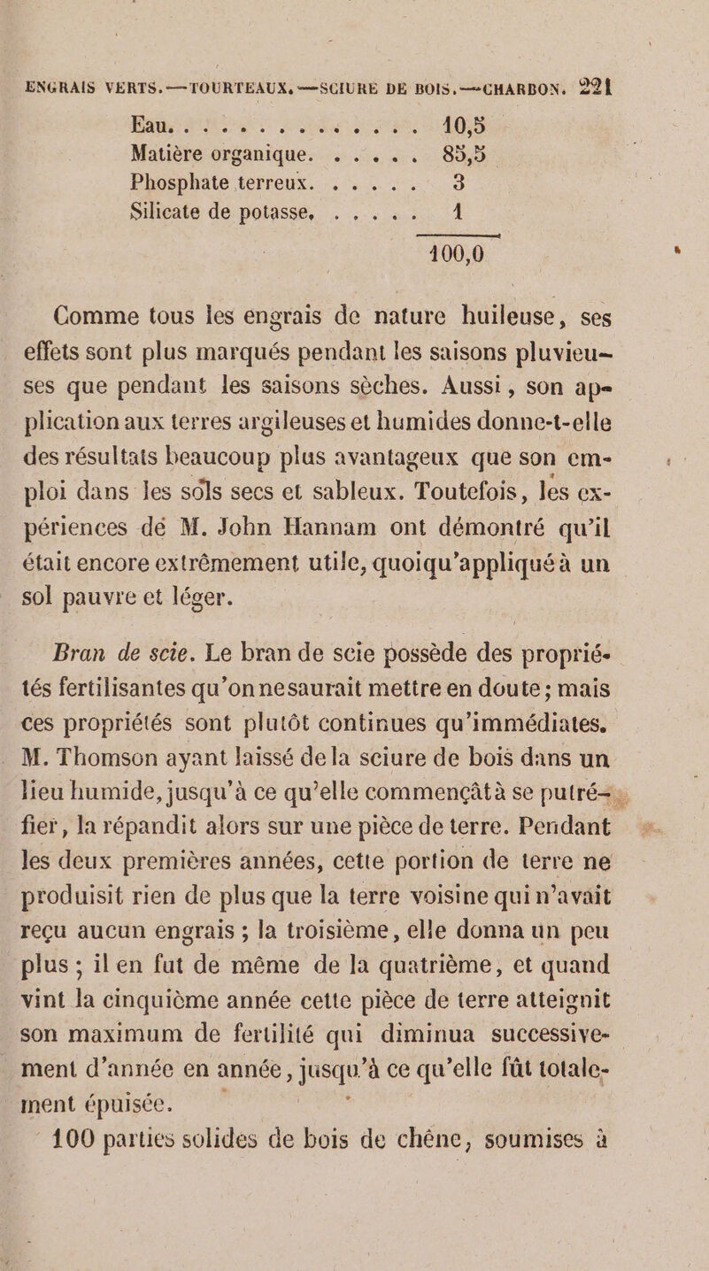 Eau. L . e ® e L e e e e e e. L] 10,5 Matière organique. . . . . . 85,5 Phosphate terreux. . . . . . 3 Silicate de potasse, . . . . . 1 100,0 Comme tous les engrais de nature huileuse, ses effets sont plus marqués pendant les saisons pluvieu— ses que pendant les saisons sèches. Aussi, son ape plication aux terres argileuses et humides donne-t-elle des résultats beaucoup plus avantageux que son em- ploi dans les s6ls secs et sableux. Toutefois, les ex- périences dé M. John Hannam ont démontré qu’il était encore extrêmement utile, quoiqu’appliqué à un sol pauvre et léger. Bran de scie. Le bran de scie possède des proprié- tés fertilisantes qu’onnesaurait mettre en doute ; mais ces propriétés sont plutôt continues qu’immédiates. M. Thomson ayant laissé de la sciure de bois dans un lieu humide, jusqu'à ce qu’elle commençâtà se putré=. fier, la répandit alors sur une pièce de terre. Pendant les deux premières années, cette portion de terre ne produisit rien de plus que la terre voisine qui n’avait reçu aucun engrais ; la troisième, elle donna un peu plus ; ilen fut de même de la quatrième, et quand vint la cinquième année cette pièce de terre atteignit son maximum de fertilité qui diminua successive- ment d'année en année Auute à ce qu’elle fût Lotalc- ment épuisée. 100 parties solides de bois de chêne, soumises à