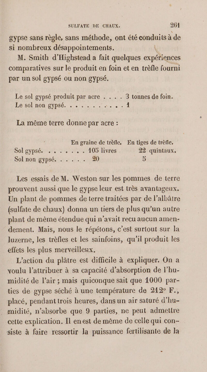 gypse sans règle, sans méthode, ont été conduits à de si nombreux désappointements. \ M. Smith d’Highstead a fait quelques expériences comparatives sur le produit en foin et en trèfle fourni par un sol gypsé ou non gypsé. Le sol gypsé produit par acre . . . . 3 tonnes de foin. Le Sol non aMpsé. 12. Dent La même terre donne par acre : En graine detrèfle, En tiges de trèfle, Sol gypsé. . . . + . . . 105 livres 22 quintaux. Sol non gypsé. . . . . . 20 b) Les essais de M. Weston sur les pommes de terre prouvent aussi que le gypse leur est très avantageux. Un plant de pommes de terre traitées par de l’albâtre {sulfate de chaux) donna un tiers de plus qu’un autre plant de même étendue qui n'avait recu aucun amen- dement. Mais, nous le répétons, c’est surtout sur la luzerne, les trèfles et les sainfoins, qu’il produit les effets les plus merveilleux. L'action du plâtre est difficile à expliquer. On à voulu l’atiribuer à sa capacité d’absorption de l’hu- midité de Pair ; mais quiconque sait que 4000 par- ties de gypse séché à une température de 212° F., placé, pendant trois heures, dans un air saturé d’hu- midité, n’absorbe que 9 parties, ne peut admettre cette Ron Il en est de même de celle qui con- siste à faire ressortir la puissance fertilisante de la