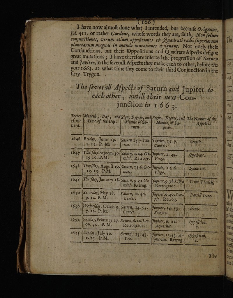 I have now almoft done what: I intended, but becaufe Origanus, fol. 411. or rather Cardane, whofe words they are, faith, Non folum conjuncttonts, verum etiam oppofitiones @&amp; Quadrati radii fuperiorums planctarum magnas in mundo mutationes defignant. Not onely thefe Conjunctions, but their Oppofitions and Quadrate Afpetts defigne great mutations ; I have therefore inferted the progreffion of Saturn and Fupiter,in the feverall Afpects they make each to other, before'the year 1663. at what time they come to'their third Conjunétion in the fiery Trygon. The feverall Afpeéts of Saturn and Jupiter, to each other... untill :their next-Cona junction iz 16 6 st Yeeres ‘Monerh 3 Day, ahd Sign, Degree, and\Signe, Degree, and The Nature of the of our}. ime.of the Days: |. Minute of Sa~ -} | Minute; of Jur ” Afpedtsi. Lord. turn. piter. 1646 Friday, June 19.- ‘Saturn 15:7.Tau-|Tupiter, 15. 7. Sextile. l\1: 15esR. Mi | TUS. Cancer. «&gt; 1647 |Tburfday,Septem. 30. Satiirn, 1.44 Ge-|Fupiter, 1. a. Quadrate. 19.10. P.M. mint. Retrogr.| Virgo. ene et aes oa 4 : PRerettroomenae! CRE eps 1648 \Thurfday, Augutt r0.\ Susu, 1 §-6.Ge-lFupiter, 15.6. Quadrate. ).13+13- -P.Me Mit Virgo. 144) It 1648 \Thurfday, January 18. Saturn, 9:32 Ge-| Fupiter,9.38.Libpa Trine Platick: | mints Retrog. |} Retrograde. iW 73 | : Sees 1650 Saturday, May 18. ere 0.40. |Fupiter,o.40:Scorm — Partilf Trine. 7 e | 9-12. P.M. Cancer. pio. Retrog, | Nok ant a) bie omnes 1650 \Wednefday, O&amp;ob.9. Saturn, 14. §3+ |Jupiterntengge, {oD | 7-12. PLM. | Cancer. CO pid. } renee | ’ 1652 Sunday,February 27. Sarurn,6.2 211 0. | Fupiter, 6. 228 2 | }, 09. 30. P.M. ) Retrograde. Aquarius. Oppofttion. I. Cesar 1653 Sunday; July to. Saturn, ' 13-43. |Fupiter, 13543. A- Oppofition, f° 3-23..P.M. Leo. quarius. Retrog.| ‘eS oy eet,