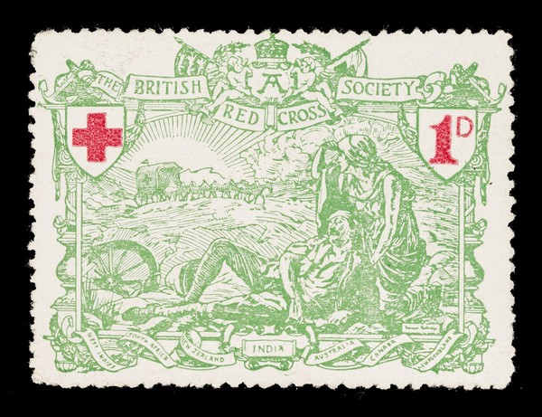 British Red Cross Society : 1D :  [Britannia supporting a wounded soldier lying on the battlefield, a horse-drawn ambulance approaches].