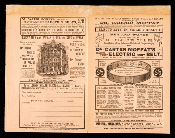 Electricity in failing health : men and women of all ages, and in all stations of life should stop taking poisonous medicines & drugs & simply wear Dr. Carter Moffat's cool feather-weight electric body belt ... / Dr. Carter Moffat.