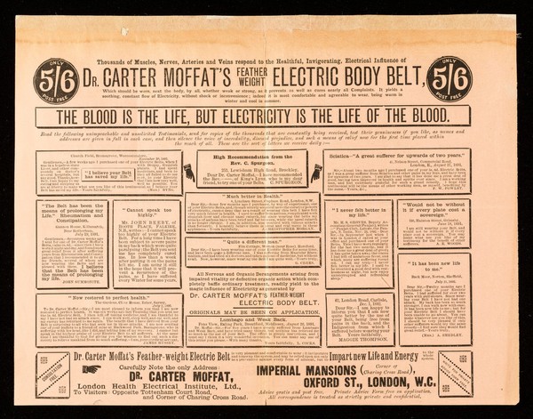 Electricity in failing health : men and women of all ages, and in all stations of life should stop taking poisonous medicines & drugs & simply wear Dr. Carter Moffat's cool feather-weight electric body belt ... / Dr. Carter Moffat.