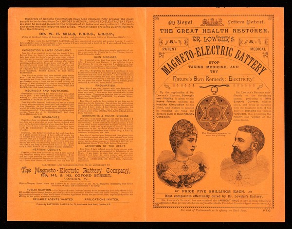 Dr. Lowder's magneto-electric battery : the great health restorer ; stop taking medicine, and try nature's own remedy: electricity ! / The Magneto-Electric Battery Company.