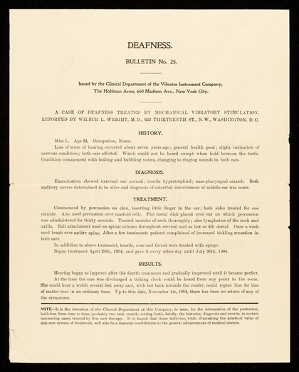 Bulletin. No. 25, Deafness / Clinical Department of The Vibrator Instrument Company.