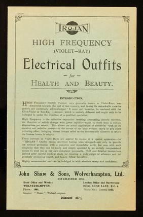 Trojan high frequency (violet-ray) electrical outfits for health and  beauty / John Shaw & Sons, Wolverhampton, Ltd.