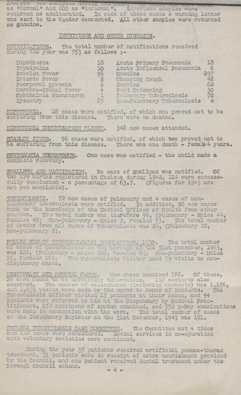 4 Analyst for analysis during the year. of these 200 were taken as formal and 200 as informal. Seventeen samples were returned as adulterated. In eo„ch of these cases a warning letter was sent to the Vendor concerned. All other samples were returned as genuine. INFECTIOUS AND OTHER DISEASES. NOTIFICATIONS. The total number of notifications received during the year was 753 as follows:- Diphtheria 18 Acute primary Pneumonia 18 Erysipelas 10 Acute Influenzal pneumonia 6 Scarlet Fever 96 Measles 297 Enteric Fever 2 Whooping Cough 42 puerperal pyrexia 6 Scabies 62 Cerebro-Spinal fever 4 Food Poisoning 30 Ophthalmia Neonatorum 1 Pulmonary Tuberculosis 72 Dysentry 85 Non-pulmonary Tuberculosis 4 DIPHTHERIA. 18 cases were notified, of which one proved not to be suffering from this disease. There were no deaths. DIPHTHERIA IMMUNISATION CLINIC. 348 new cases attended. SCARLET FEVER. 96 cases were notified, of which two proved not to be suffering from this disease. There was one death - female 4 years. OPHTHALMIA NEONATORUM. One case was notified - the child made a complete recovery. SMALLPOX AND VACCINATION. No case of Smallpox was notified. Of the 179 births registered in Chelsea during 1942, 114 were, success fully vaccinated - a percentage of 63.7. (Figures for 1943 are not yet available). TUBERCULOSIS. 72 new cases of pulmonary and 4 cases of non pulmonary tuberculosis were notified. In addition, 20 now cases came to the knowledge of the Medical Officer of Health from other sources. The total number was therefore 96, (pulmonary - Males 44, Females 45; Non-pulmonary - Males 2, Females 5). The total number of deaths from all forms of Tuberculosis was 24, (pulmonary 22, Non-pulmonary 2). PUBLIC HEALTH (TUBERCUL0SIS) REGULATIONS, 1930. The total number of cases of Tuberculosis in the Borough on the 31st December, 1943, was 222, (Pulmonary - Males 108, Females 83; Non-pulmonary - Males 15, Females 16). The Tuberculosis Visitor paid 79 visits to non dispensary cases, DISPENSARY AND SPECIAL CASES. New cases examined l85. Of these, 24 were found to be definitely tuberculous. 117 contacts also examined. The number of attendances (including contacts) was 1,156, and 2,679 visits were made by the nurse to homes of patients. The Tuberculosis Officer visited 17 patients at their homes, and 94 patients wore referred to him at the Dispensary by Medical prac titioners, 152 specimens of sputum examined, and 552 X-Ray examinations were made in connection with the work. The total number of cases on the Dispensary Register on the 31st December, 1943 was l5l. CHELSEA TUBERCULOSIS CARE COMMITTEE. the Committee met 4 times and 118 cases were considered. Social services in co-operation with voluntary societies were continued. During the year 35 patients received artificial pneumo-thorax treatment, 31 patients were in receipt of extra nourishment provided by the Council, and one patient received dental treatment under the Borough Council scheme.