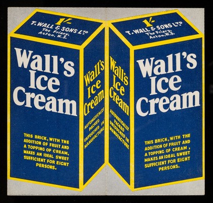 Wall's ice cream : this brick, with the addition of fruit and a topping of cream, makes an ideal sweet sufficient for eight persons / T. Wall & Sons Ltd.